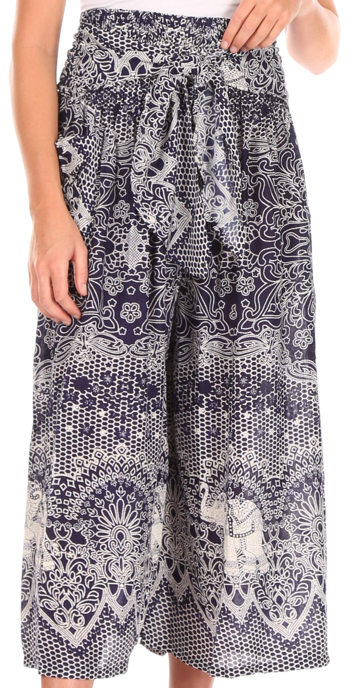 Sakkas TH19019 - Lilja Womens Loose Wide Leg Printed Elephant Pants Elastic Waist w Pockets - Navy -