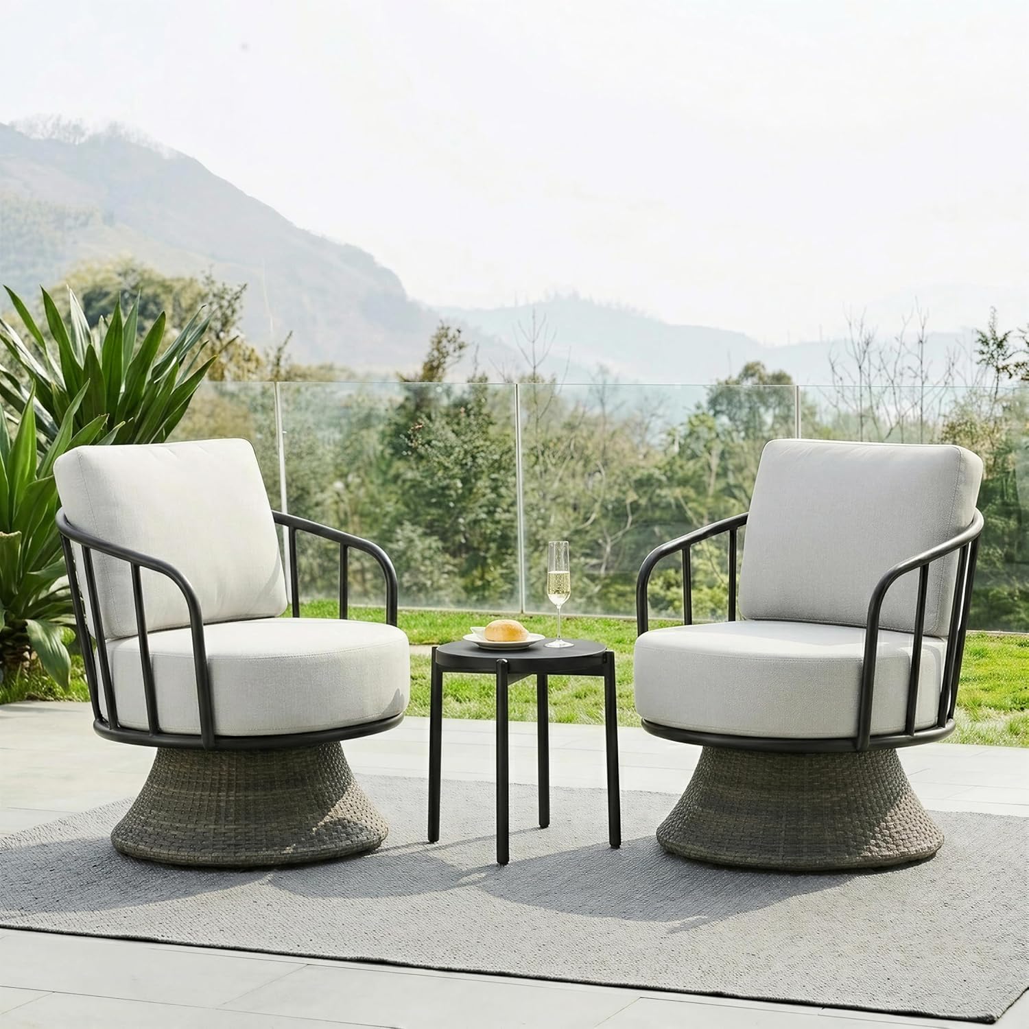 2 PCS Patio Furniture Set,Outdoor Swivel Chairs Set of 2,Wicker Patio Bistro Set with Overstuffed Washable Cushions for Porch, Balcony, Deck, Dark Gray Rattan and Light Gray Cushion