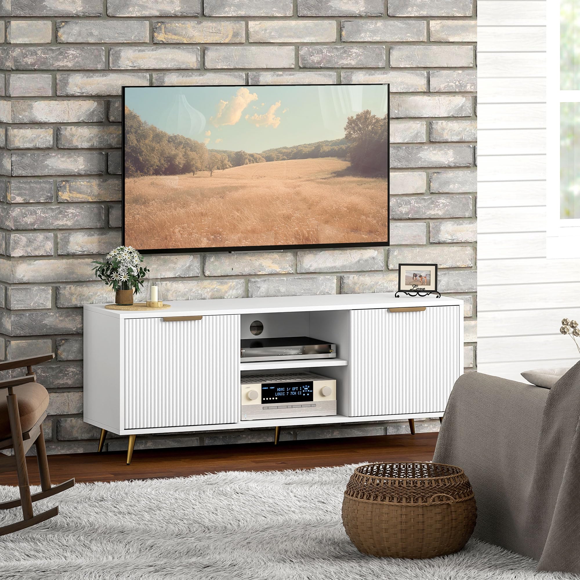 HOMCOM Mueble de TV Moderno para Salón 55 Pulgadas 120x35x48 cm Blanco | 2 Compartimentos Abiertos, 2 Puertas, Mueble para Televisión