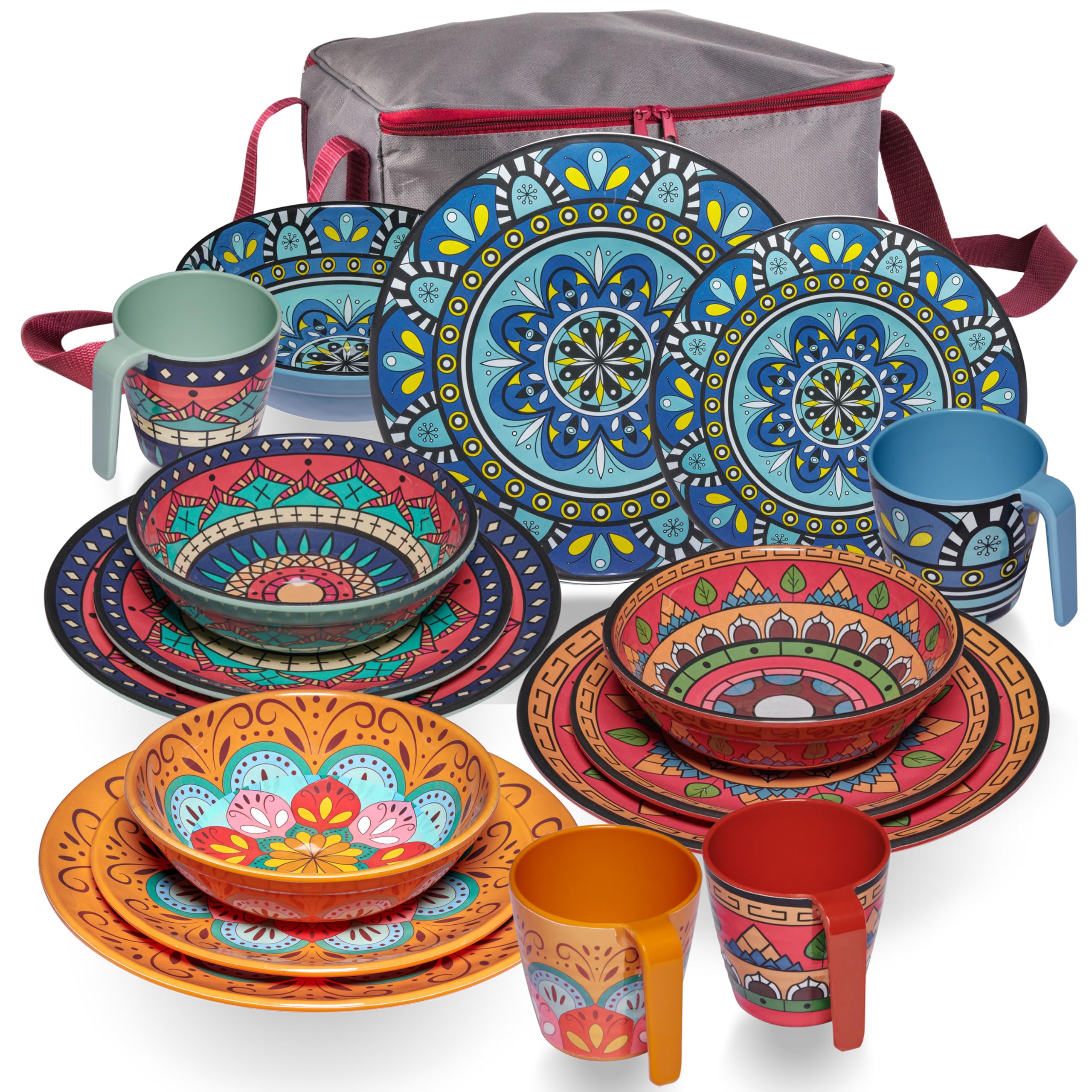 Melamin Geschirr Set Toskana Pastel für 4 Personen Mandala-Optik Spülmaschinengeeignet