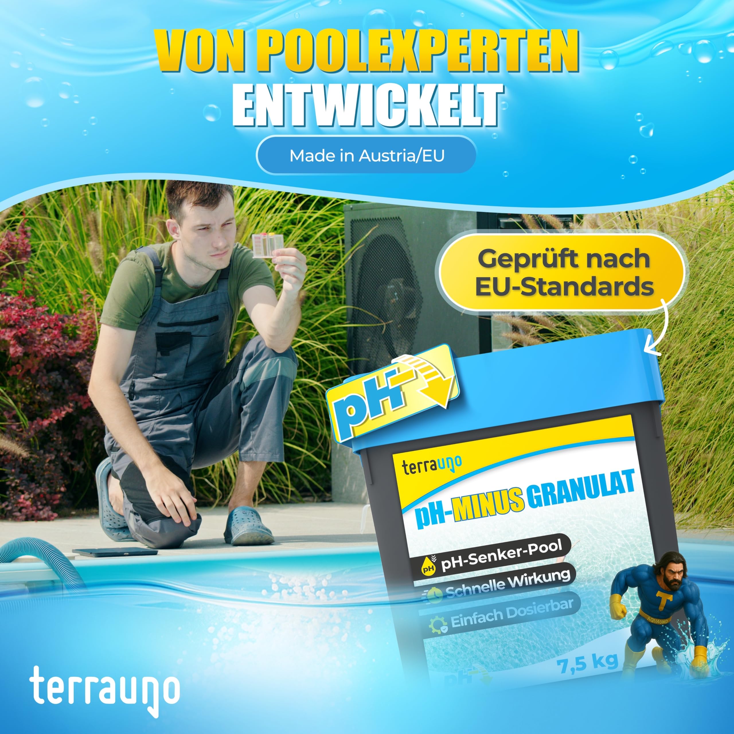 TerraUno pH minus Granulat für pH Wert Einstellung und Poolpflege, 7,5kg, pH Senker Pool zur Regulierung und Korrektur des pH Werts, schnelllöslich mit zuverlässiger Wirkung & ideal für alle Poolarten
