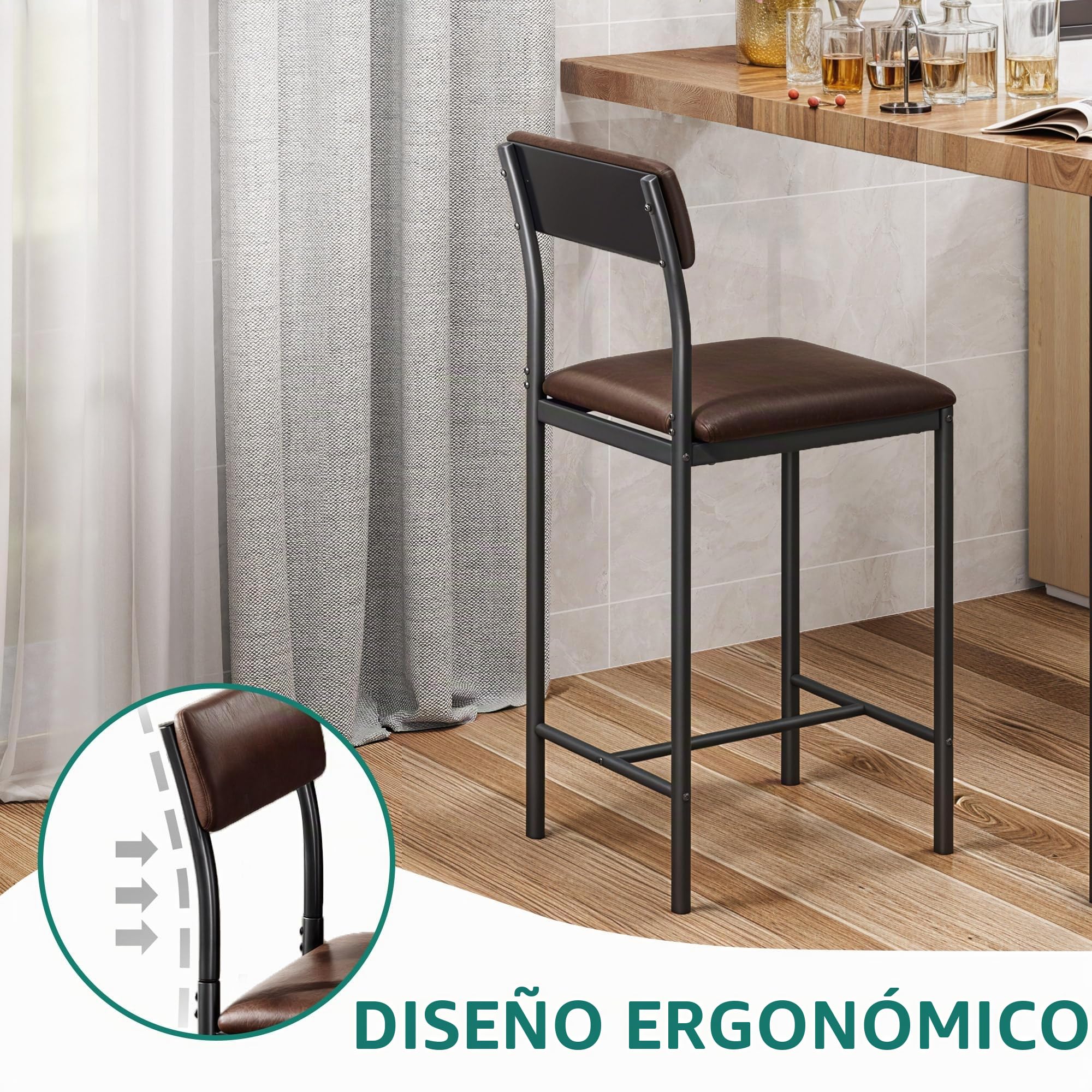 YITAHOME Juego de 2 taburetes de Bar, Asiento Alto con Asiento y Respaldo Acolchados, taburetes industriales para Cocina/Comedor, sillas de Bar con reposapiés ergonómico, Color marrón rústico | Asiento alto, taburetes industriales para cocina/comedor, sil