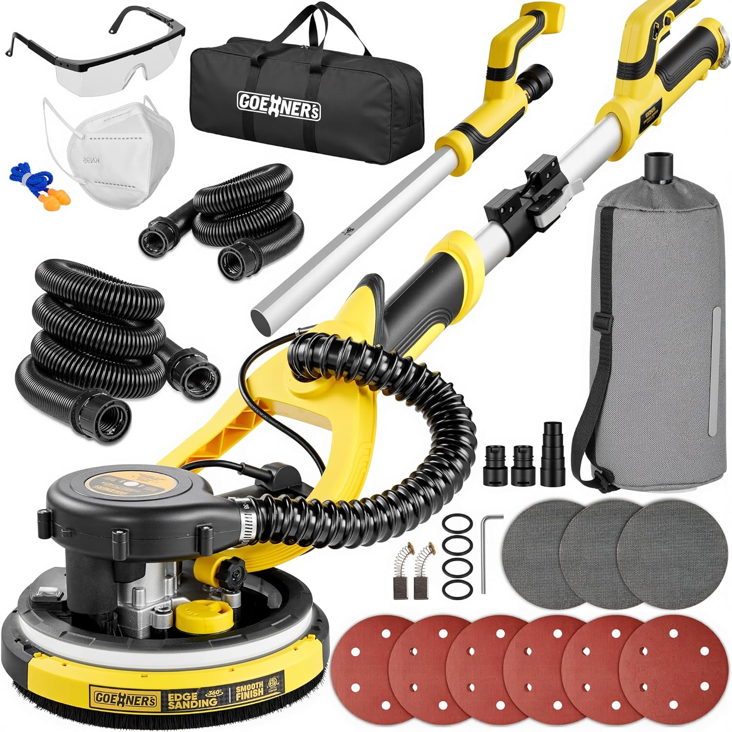 Drywall Sander, 780W Electric Drywall Sander with Vacuum Attachment, Auto Dust Collection, 7 Variable Speed 900-1800RPM, Wall Sander with 26FT Power Cord for Popcorn Ceiling, Pole Sander for Drywall Yellow