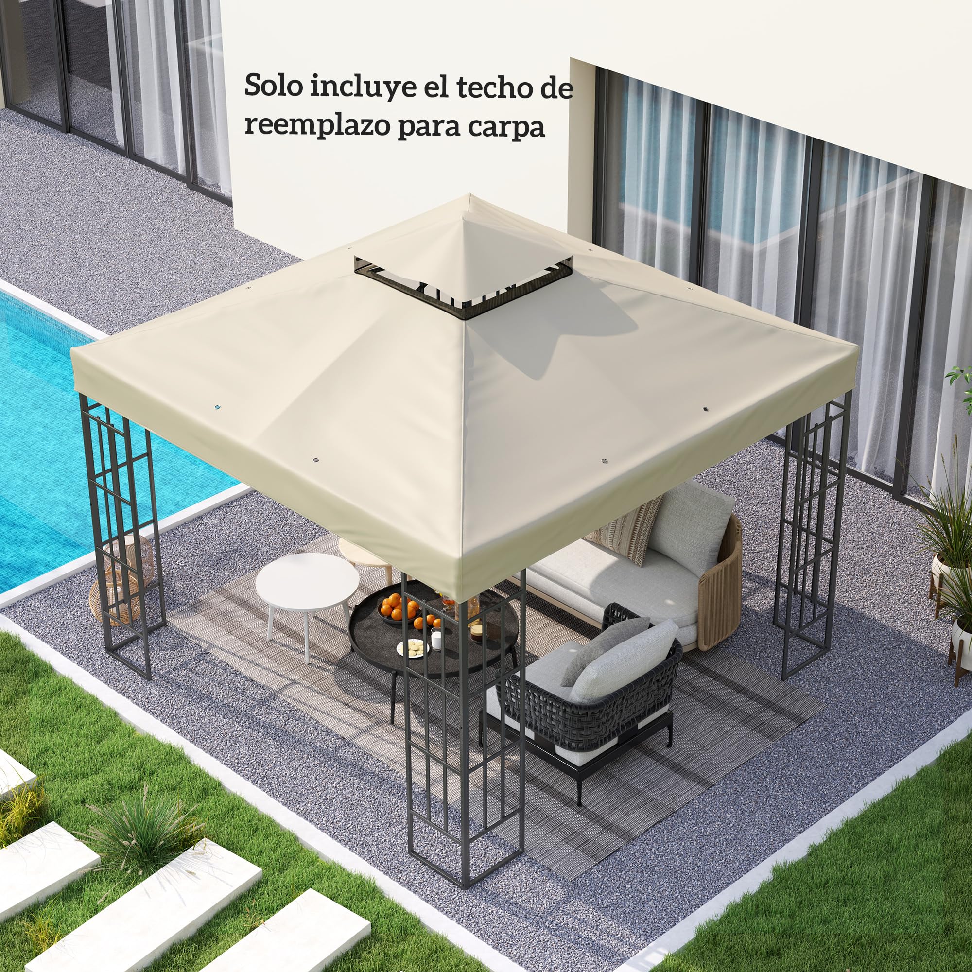 Outsunny Techo de Repuesto para Cenador 3x3 m Techo Doble Crema | Cubierta de Repuesto, Orificios de Drenaje, Protección UPF30+, SOLO Toldo de Recambio para Pabellón Gazebo