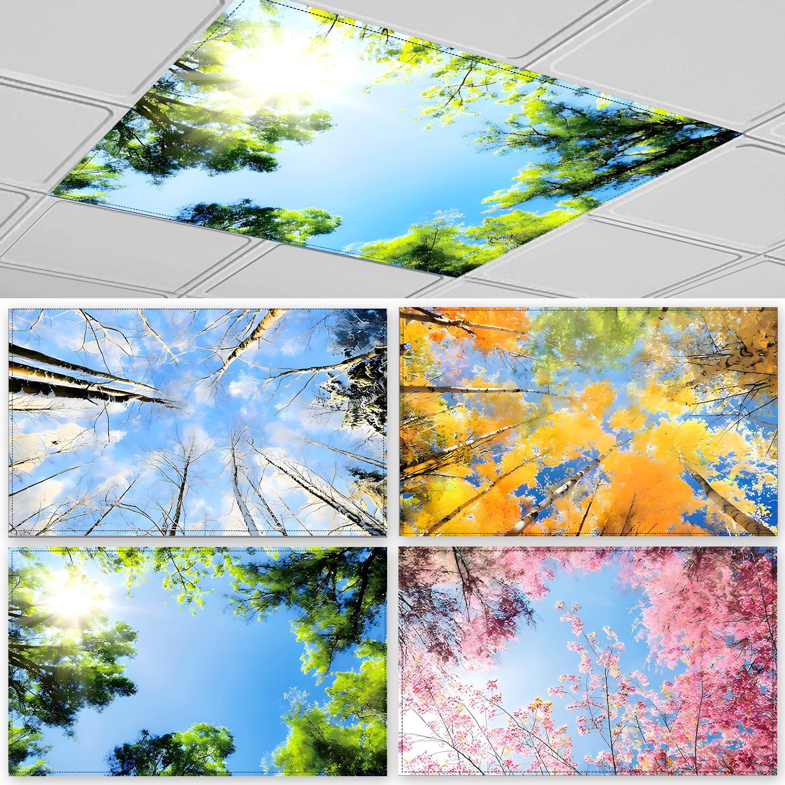 4 Pcs Fluorescent Light Covers for Ceiling Lights Classroom, Stylish Fluorescent Lampshades Classroom Light Covers Magnetic, Modern Ceiling Light Cover for Office, Home, Hospital (Seasons Forest)