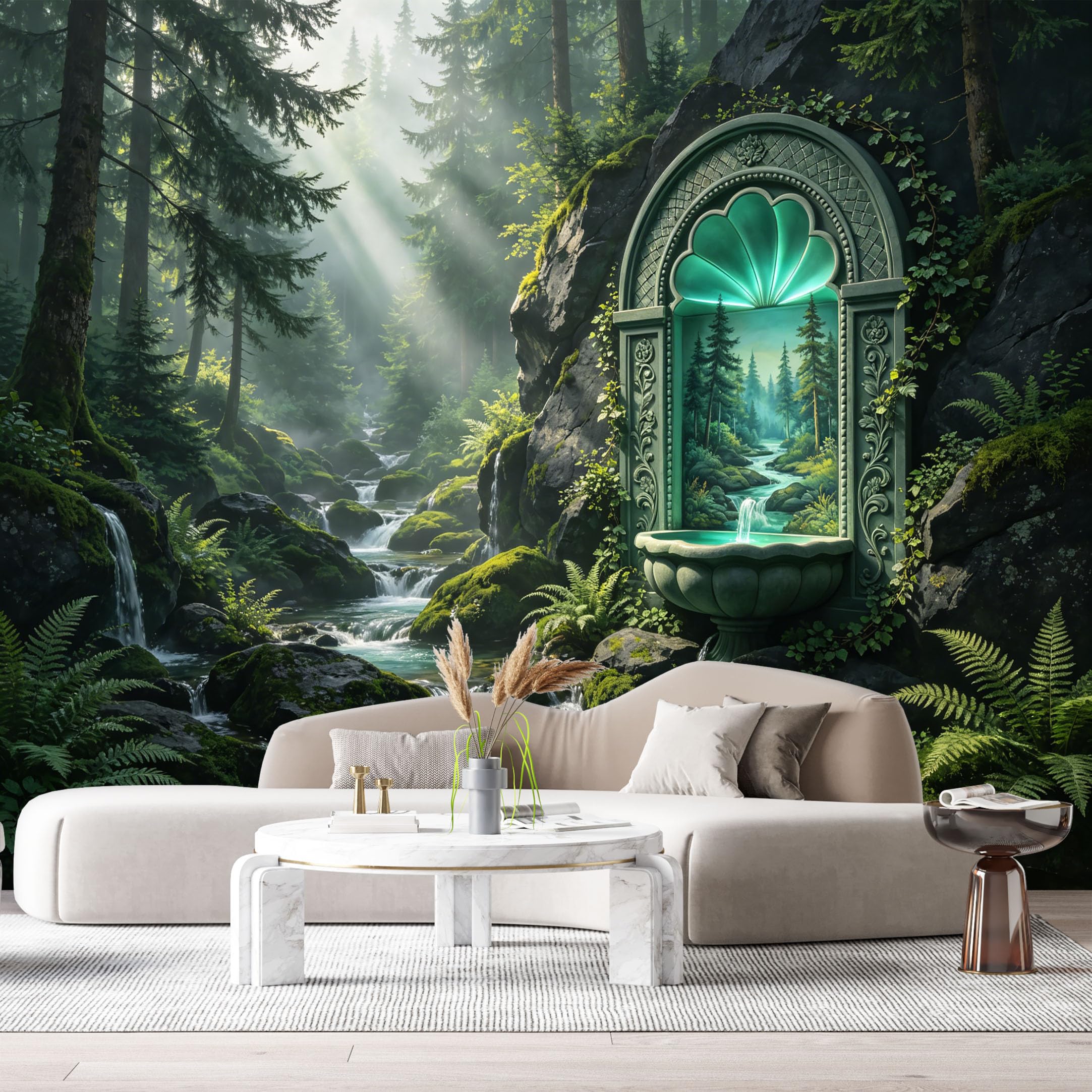Custom Size Wall Murals Mystical Forest Landscape Enchanted Fountain 3D Trompe L'Oeil SelfAdhesiveWall Fabric Removable Wallpaper Wall Decor for Living Room Bedroom Bathroom