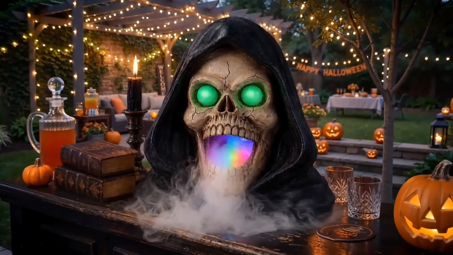 Estatua de Calavera de Halloween con Gato Negro, Máquina de Humo con Ojos LED que Brillan, Centro de Mesa Gótico de Resina de Mármol Artificial Pintada a Mano para Repisa miniatura 7