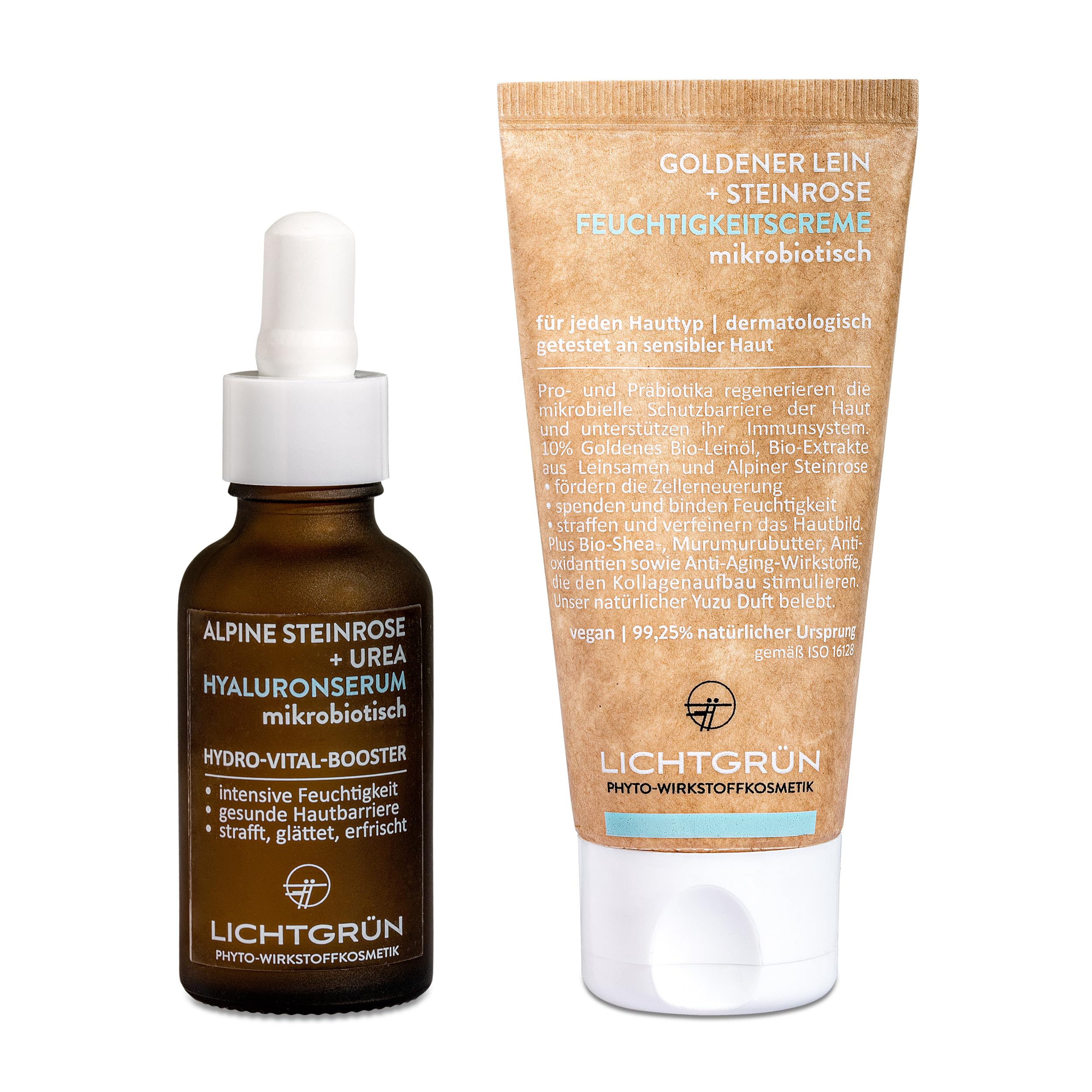 Set Hydro-Vital-Boost, Hyaluronserum 30 ml und Feuchtigkeitscreme 50 ml, Gesichtspflege mit Hyaluron, Bio-Steinrose und Bio-Leinöl, für feuchtigkeitsarme Haut, vegan, Made in Germany