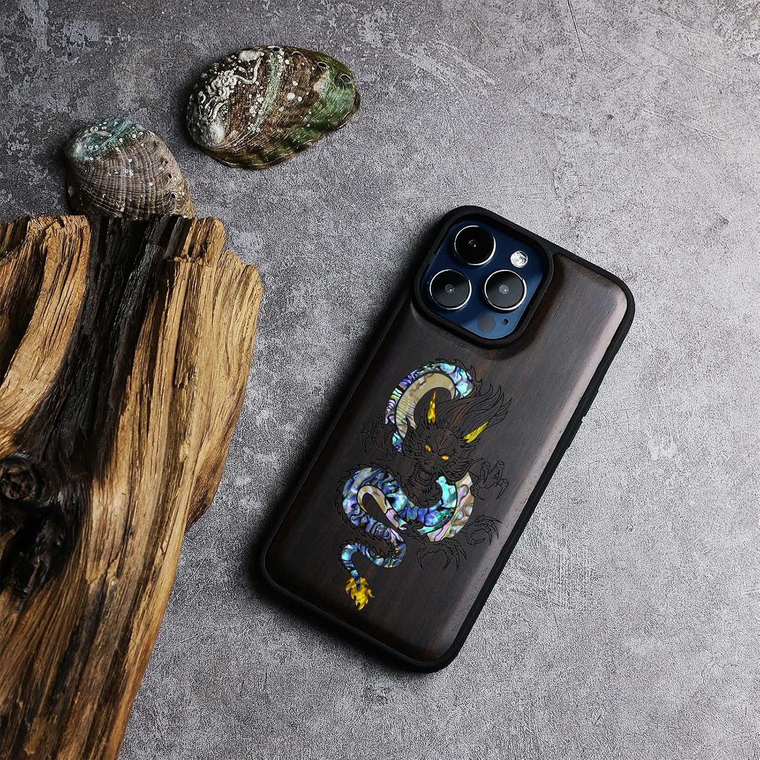 Carveit Wooden Case for iPhone 15 Pro Max Magnetic Case, Compatible with MagSafe Wireless Chargers, Shockproof Cover, Handmade Shell Inlaid & Wood Artisan Engraved (The Oriental Dragon) Blackwood