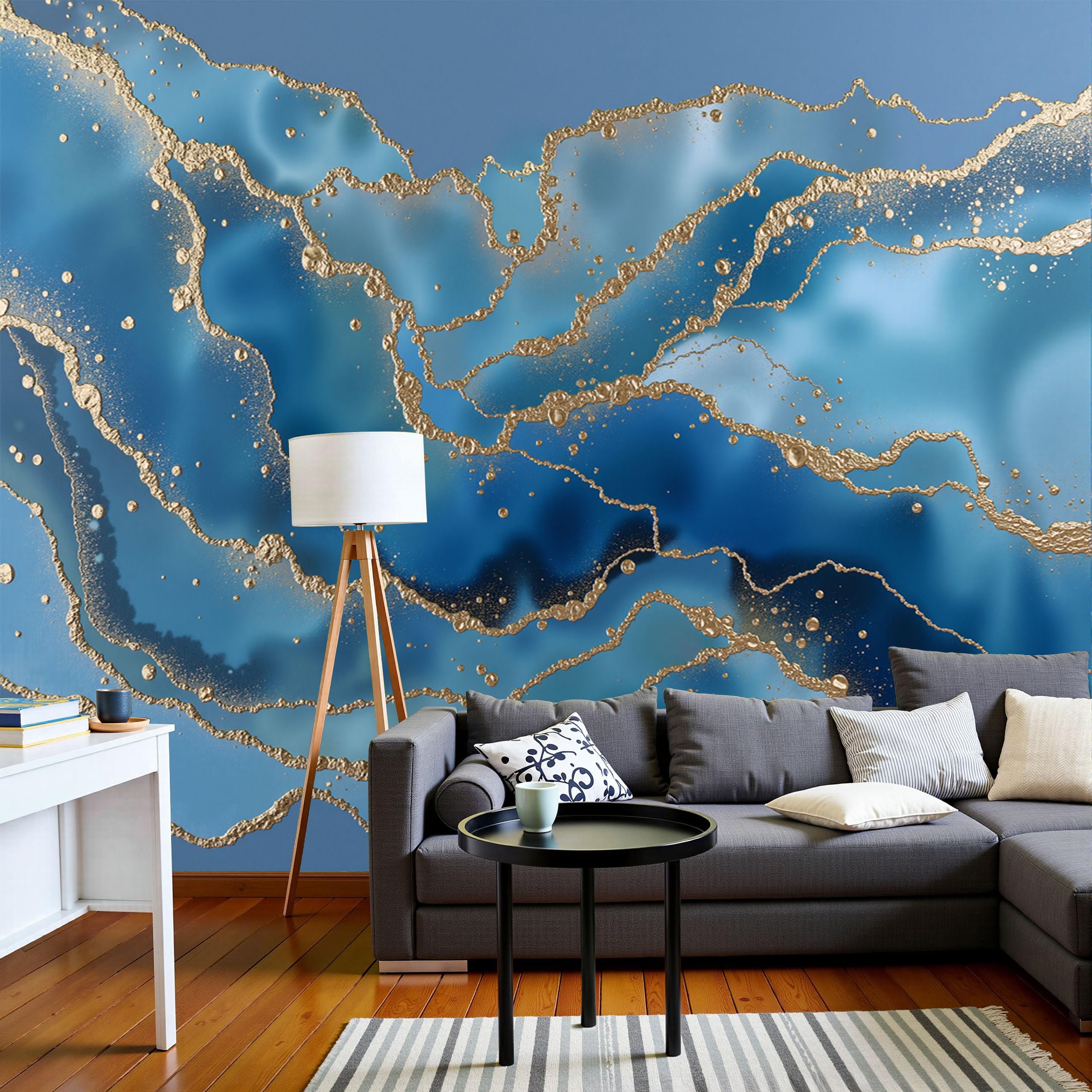 Papier peint panoramique vagues d'or marbré bleu ciel 200x140cm