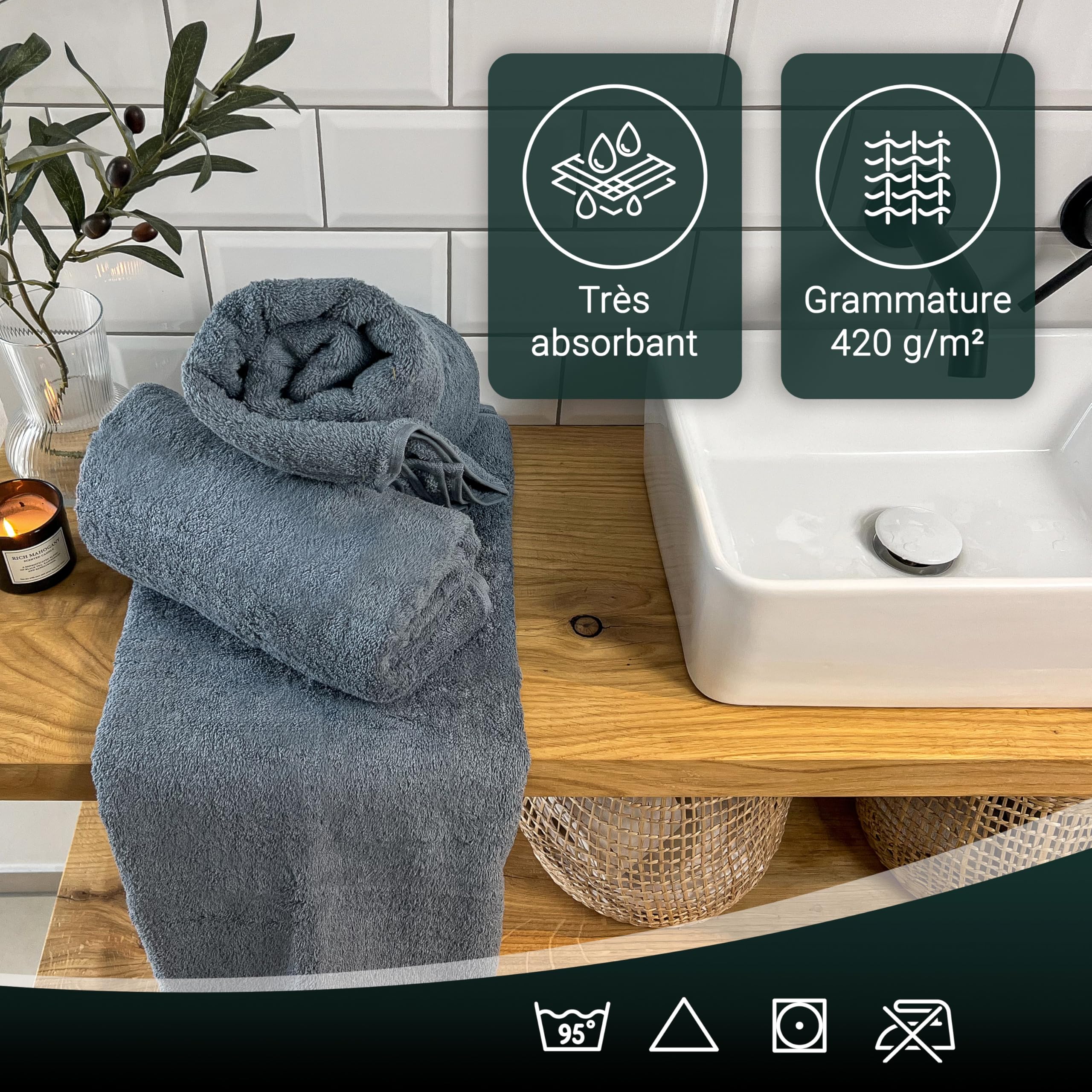 ZOLLNER Lot de 2 Serviettes de Douche, 70x140 cm, Coton, Gris