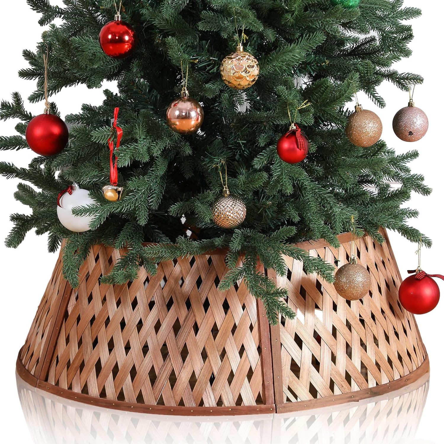 35 Inch Rattan Christmas Tree Collar Star Shape, Large Woven Basket Tree Skirt Base Cover for Holiday Rustic Farmhouse Home Decorations, Natural Seagrass Look Xmas Collar for 6-7.5 ft Trees