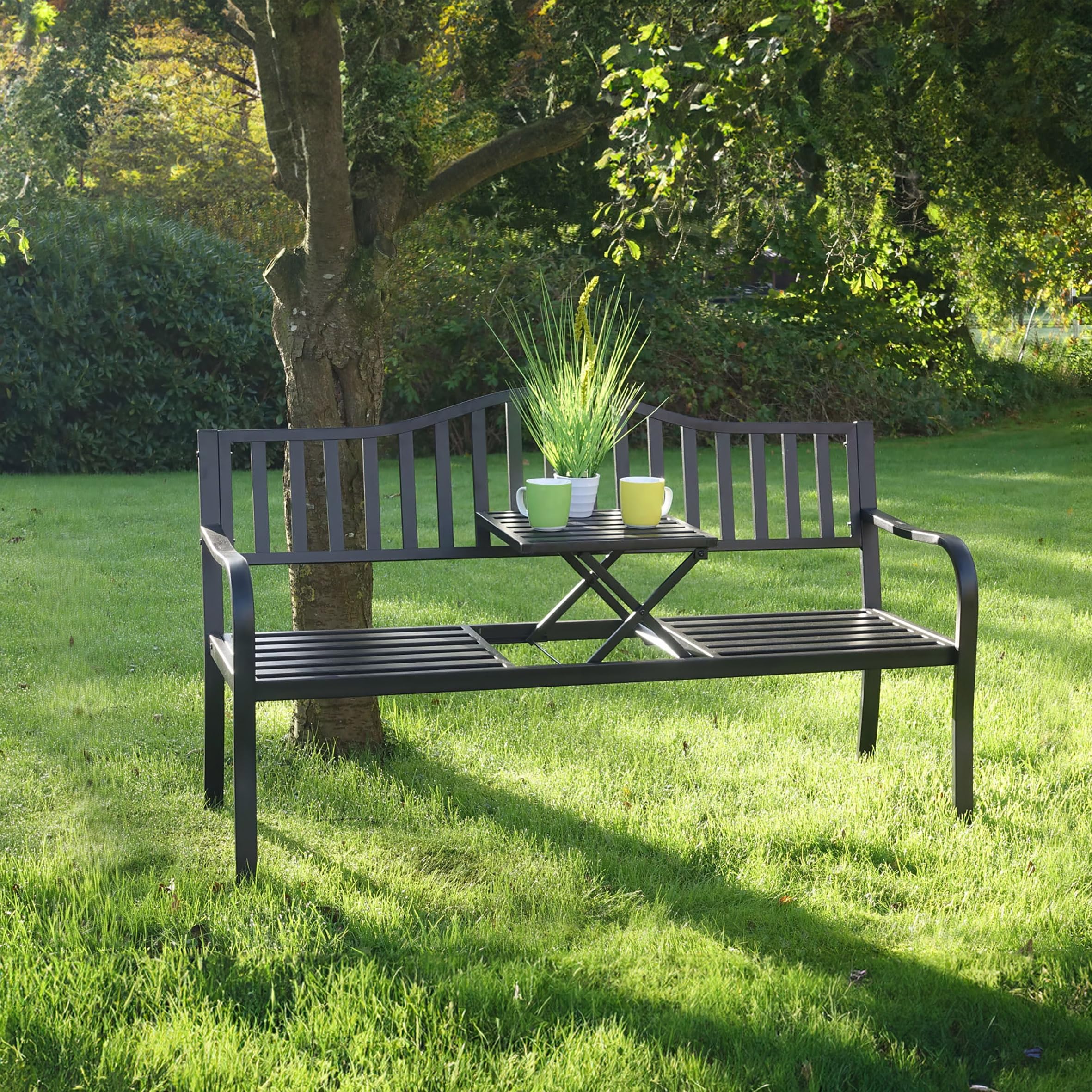 Metalowa ławka ogrodowa ze zintegrowanym stołem – 150 x 56 cm – ławka do siedzenia 2 w 1 lakierowana proszkowo na czarno – ławka parkowa ze składanym stolikiem, półka do ogrodu, na balkon, taras