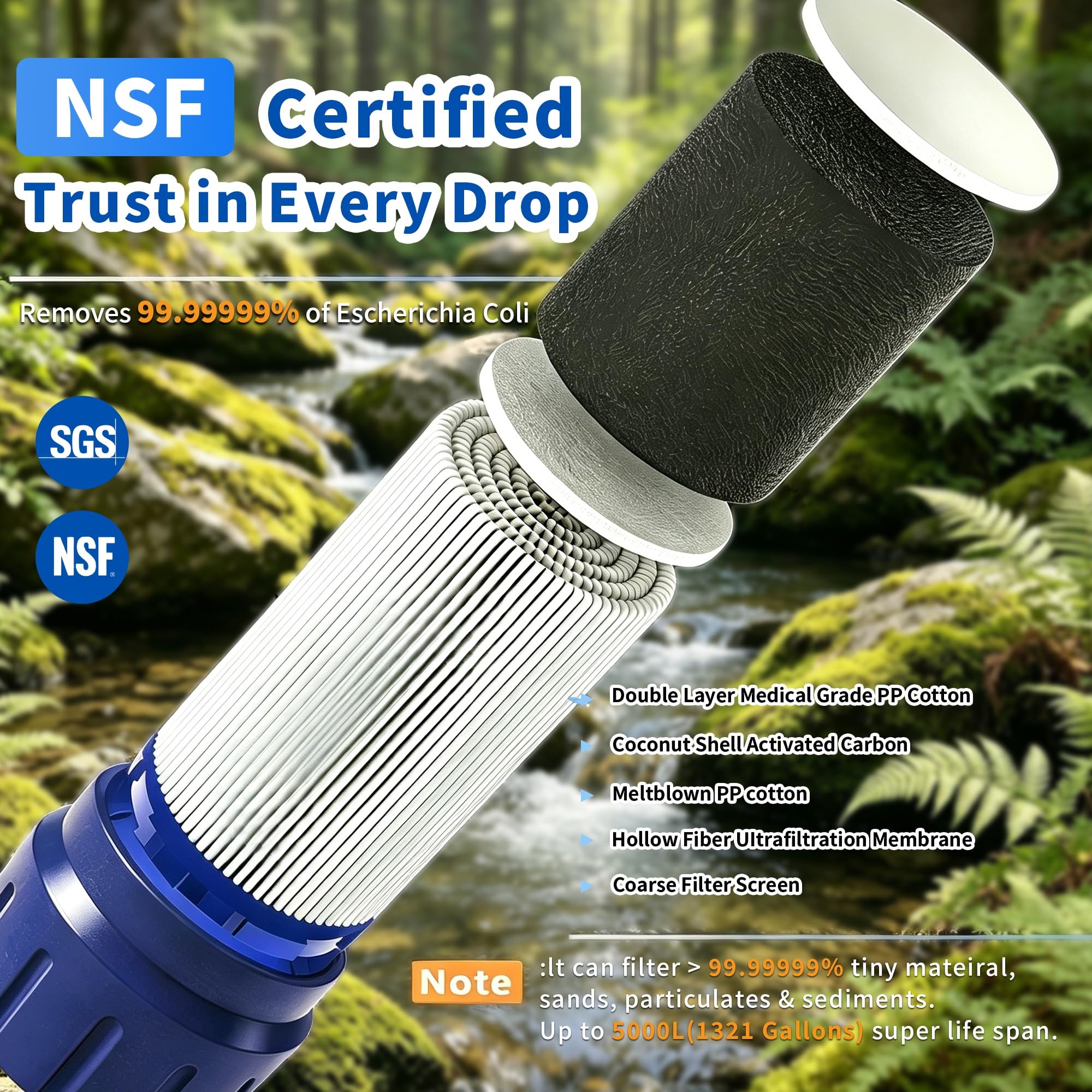 Pajita de filtro de agua personal, purificador de agua portátil de 4 etapas certificado NSF, sin BPA, equipo de supervivencia de filtración de agua de emergencia para senderismo, camping