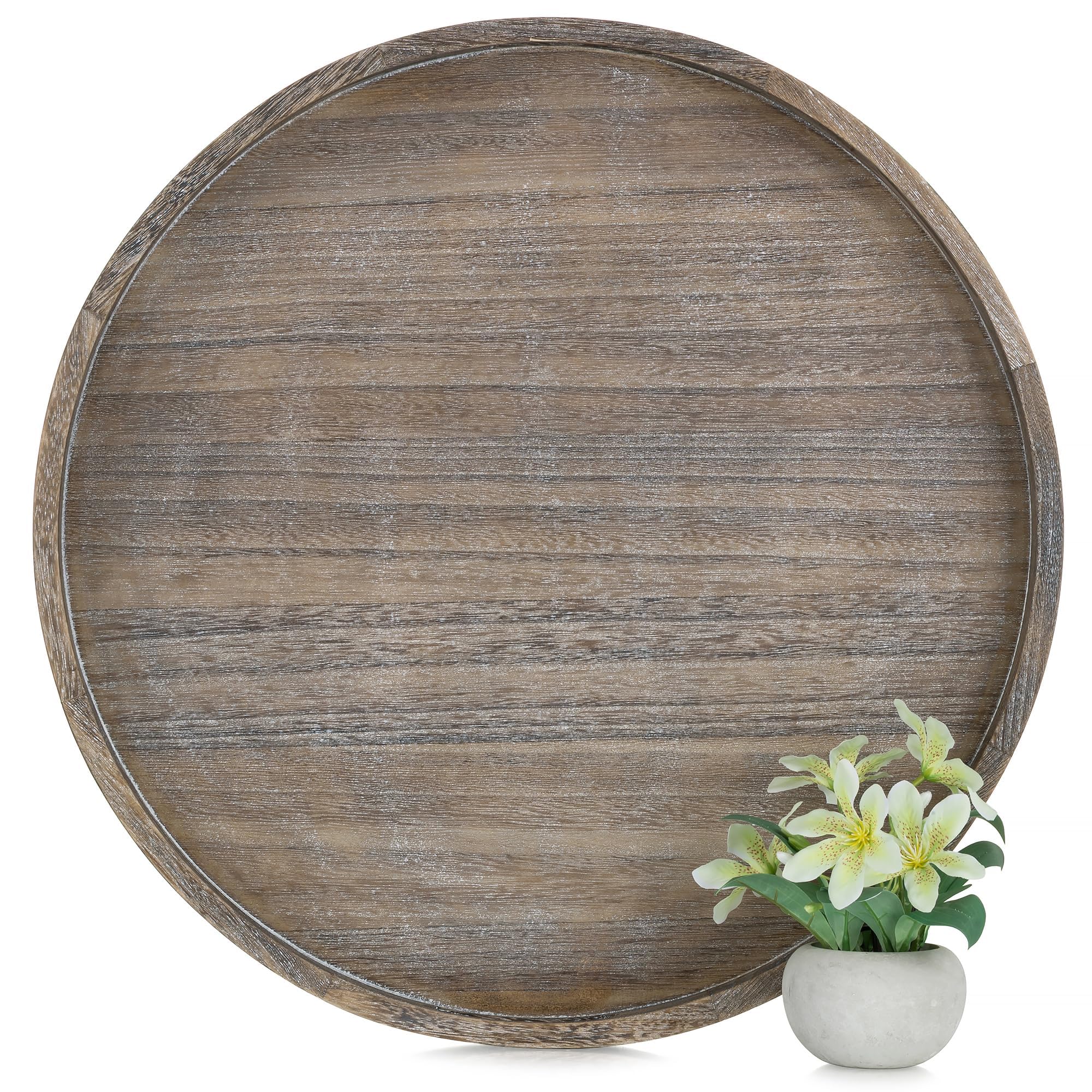 Hanobe Bandeja otomana decorativa de madera para sala de estar con asas, 22 pulgadas | Bandeja grande para mesa de café rústica redonda para decoración del hogar