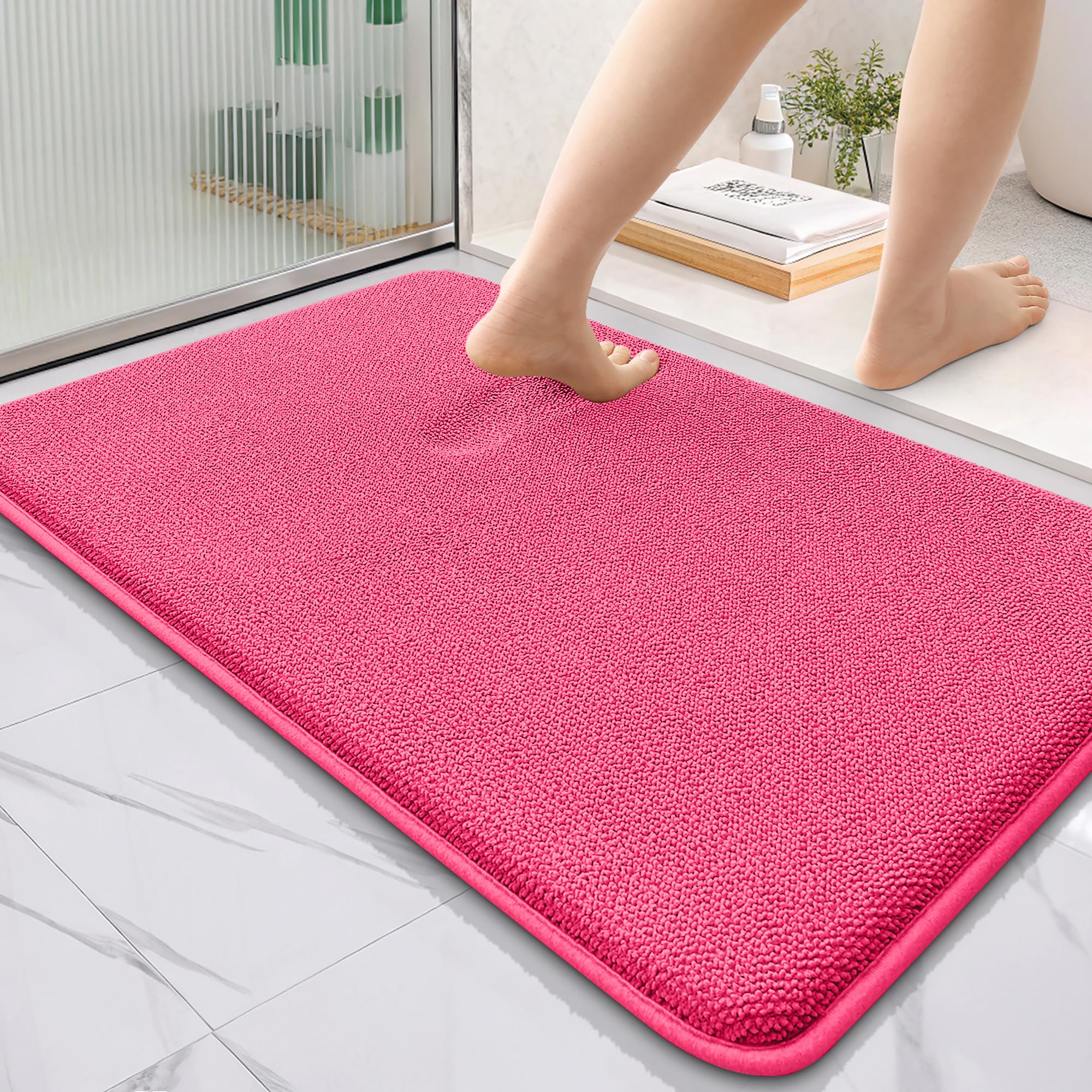 OLANLY Thick Memory Foam Bathroom Rugs 36x24, Absorbent Bath Mat, Hot Pink
