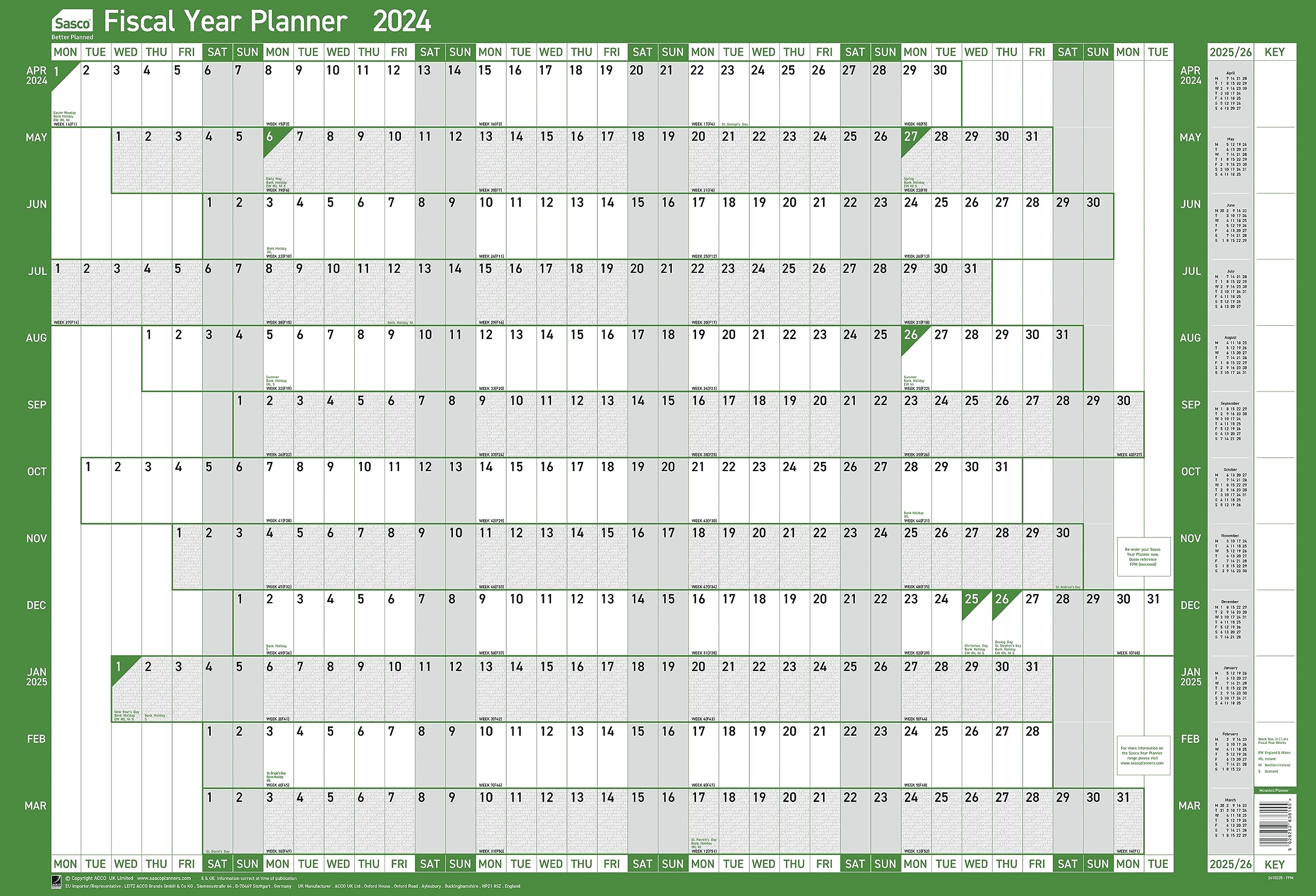Sasco 2024 Fiscal Year Wall Planner, Financial Year Wall Planner Set, Large Whiteboard Style Dry Erase Calendar, Board Mounted Tax Planner & Dry Erase Pen, Wall Chart & Notice Board, Green, 915x610mm