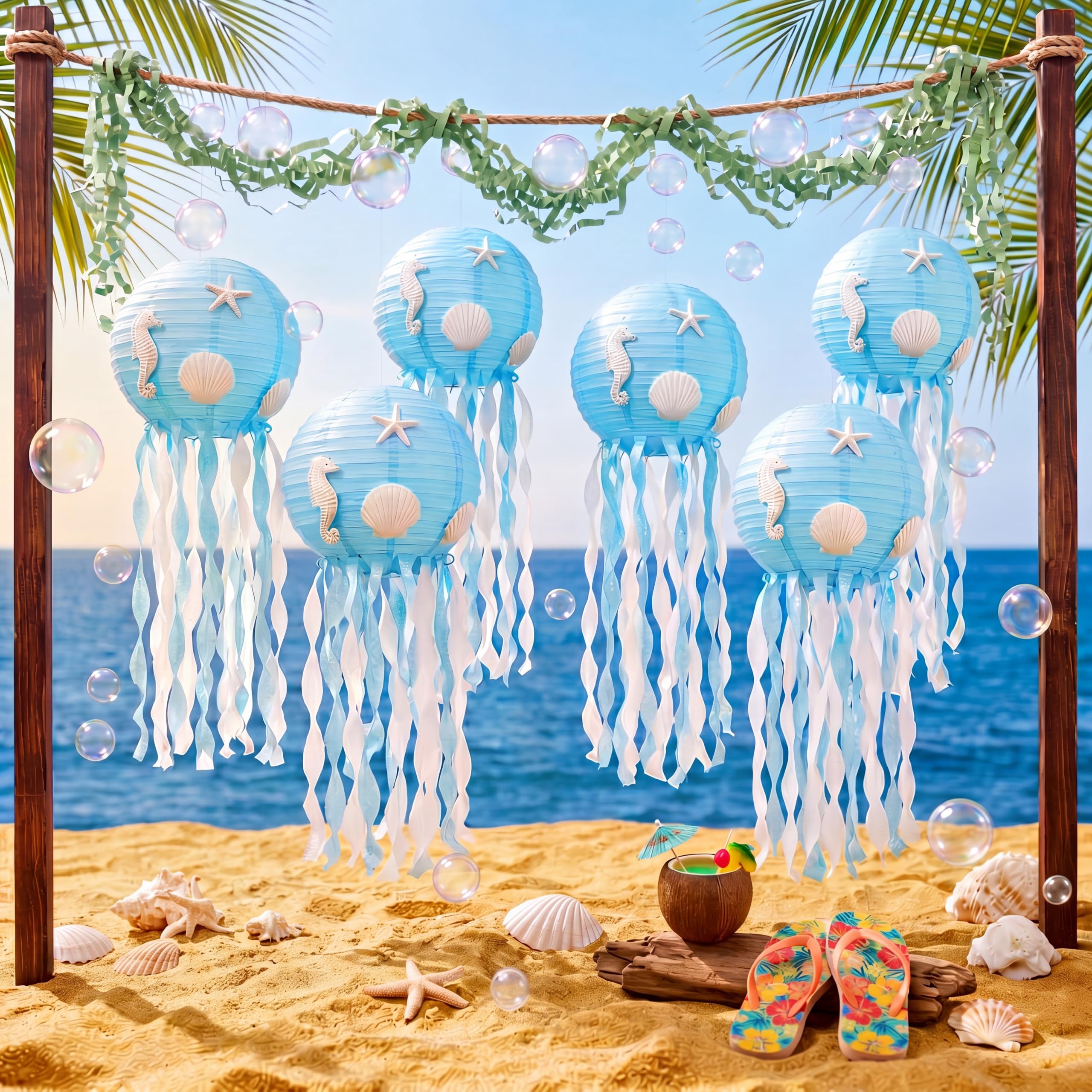 VioraWhite 21 piezas de decoración de fiesta de cumpleaños de playa oceánica, 6 linternas de papel de medusas colgantes de 9.8 pulgadas, 12 conchas de resina, 2 guirnaldas de burbujas para decoración