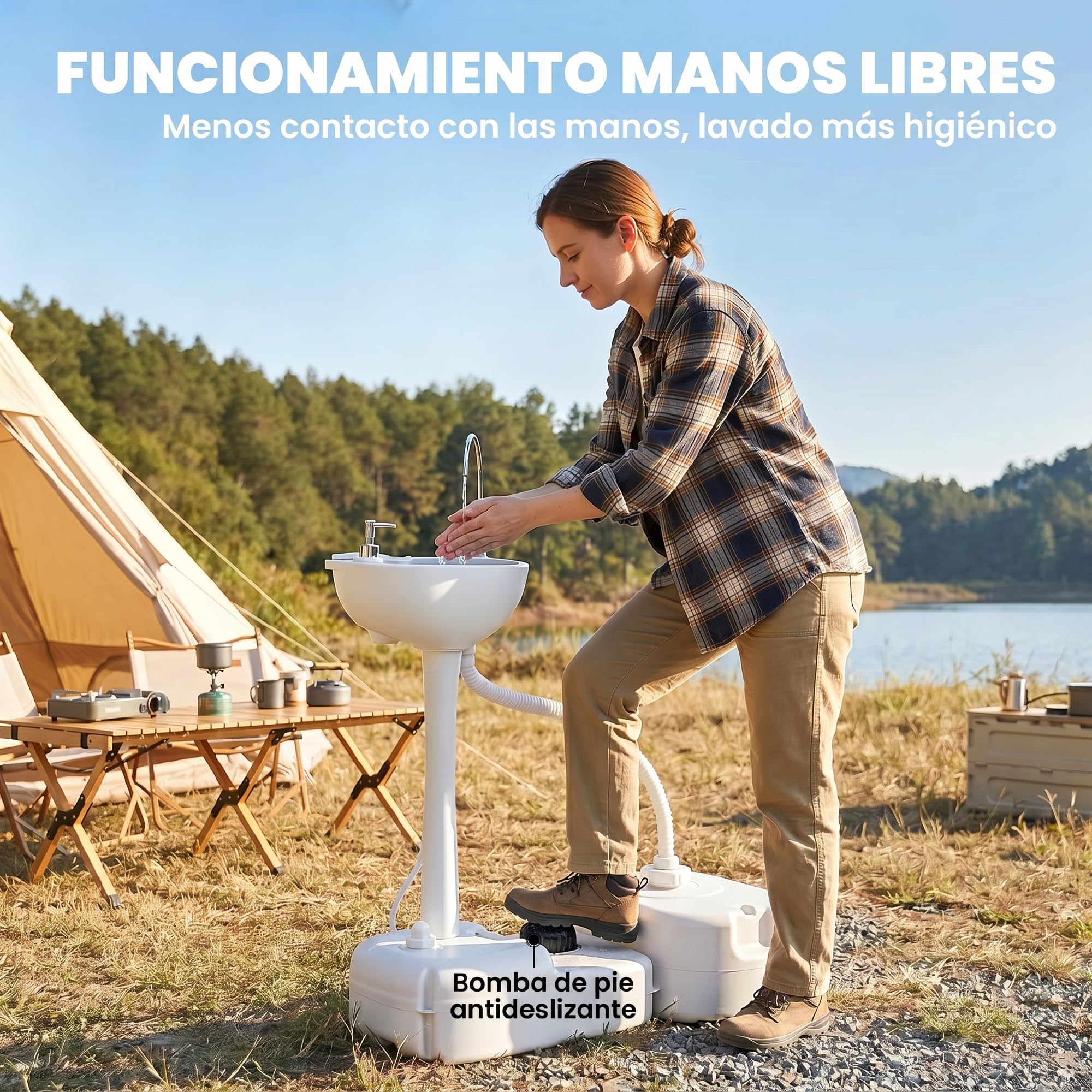 Outsunny Fregadero Portátil Lavamanos para Actividades al Aire Libre o Camping con Tanques de Recuperación de Agua 17 L Dispensador de Jabón Y 2 Ruedas HDPE 83x50x103 cm Gris Claro