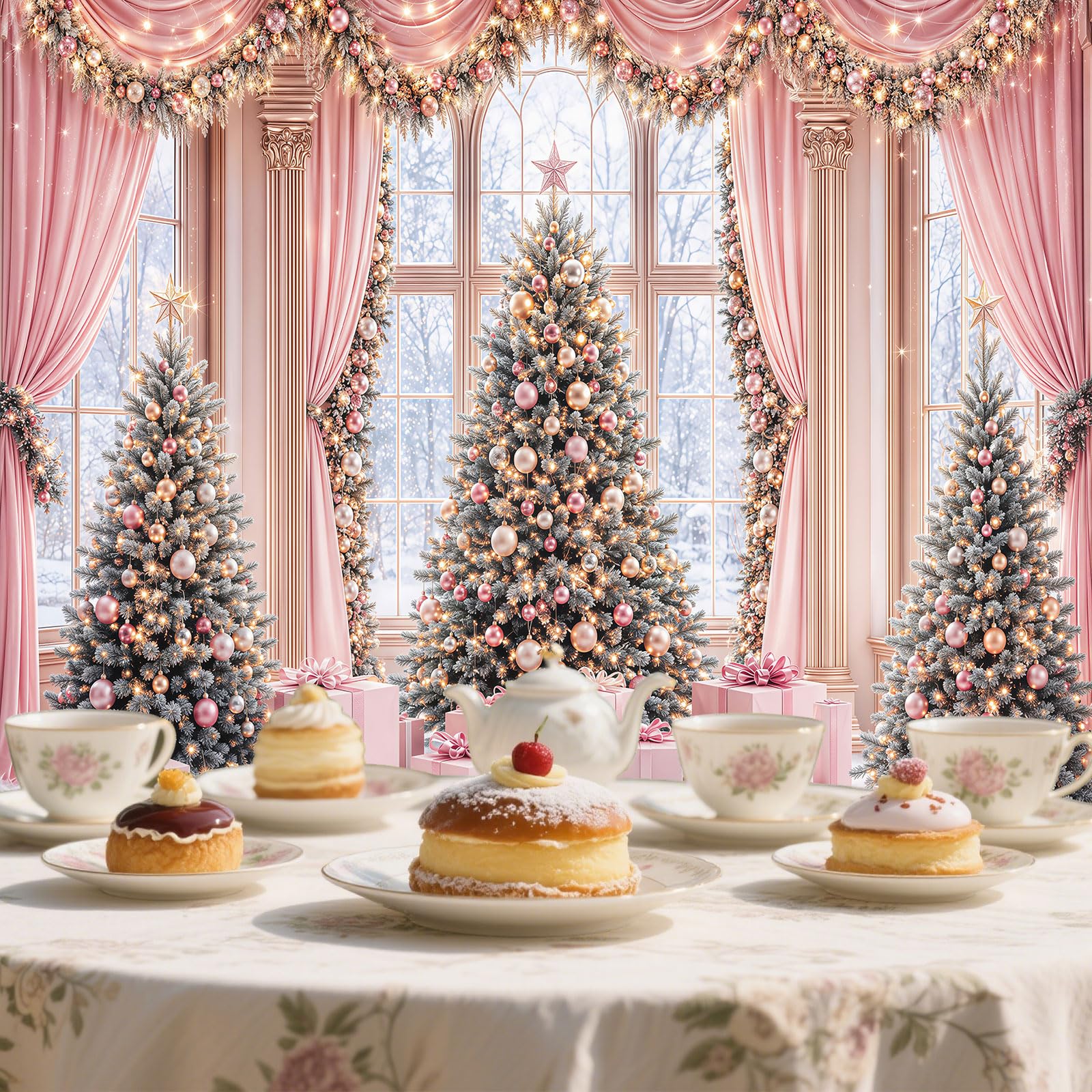 Telón de fondo rosa de Navidad de 8 x 6 pies para fotografía, ventana de Navidad, paisaje nevado, invierno, fotografía, telón de fondo, cortina de chimenea, bosque nevado fuera de la ventana