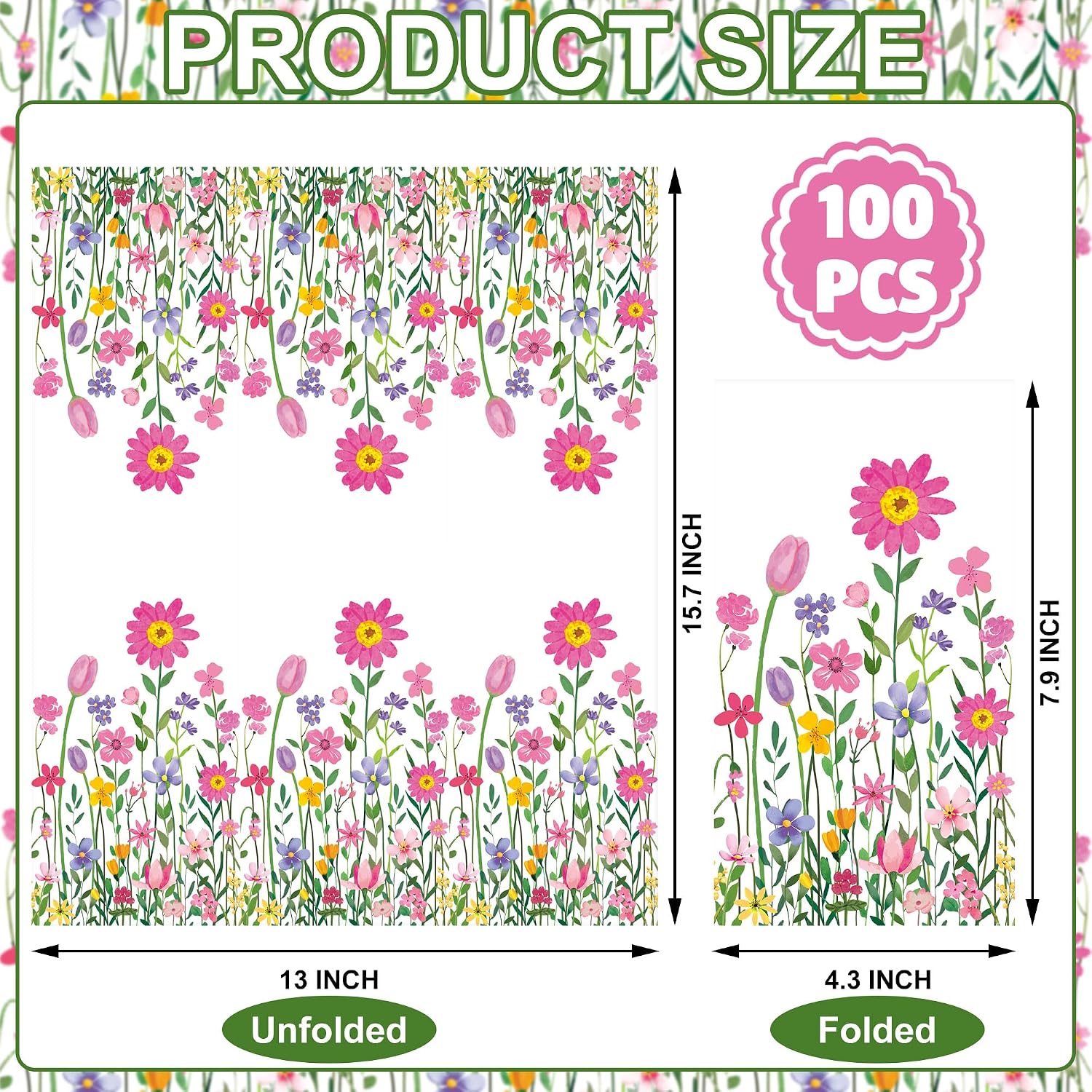 100 PCS Spring Floral Guest Napkins Disposable Flower Paper Napkins 3-Ply Watercolor Wildflower Napkin Hand Towels for Wedding Birthday Bridal Flower Themed Party Supplies,4.3 x 7.9 inch