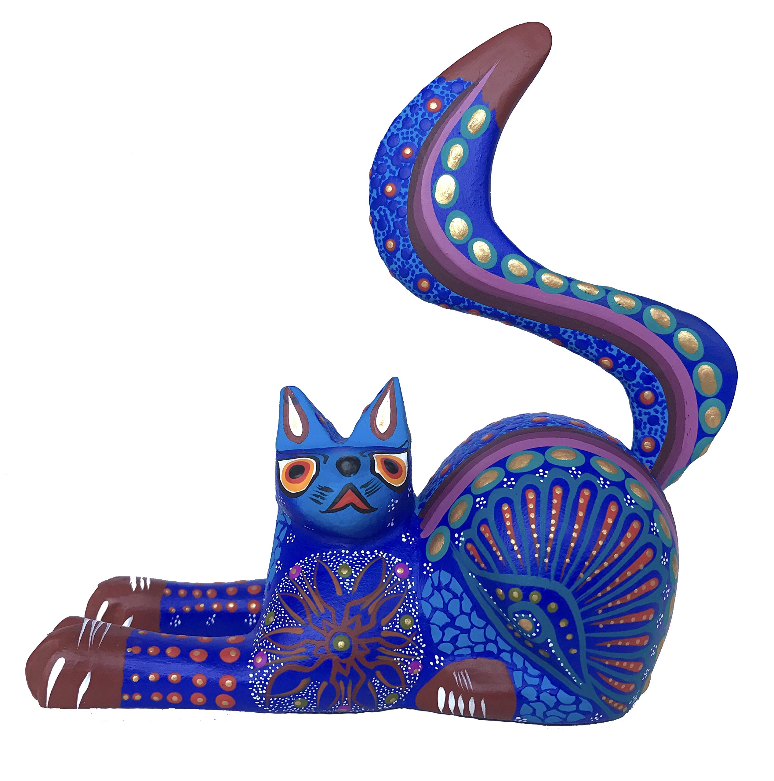 ALKIMIA INC Mexican Alebrije Cat Wood Carving Handcrafted Sculpture (Blue)