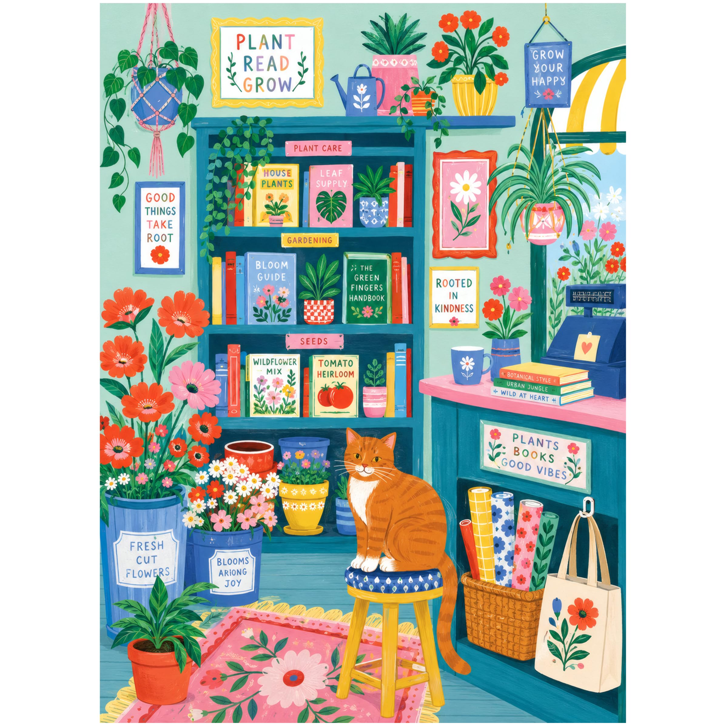 Plant Shop Bookshelf 500 Piece Jigsaw Puzzle for Adults, Colorful Garden Bookstore Scene with Houseplants, Flowers, Books, Posters, Watering Can, Tote Bag, and Cozy Orange Cat in Bright Folk Art