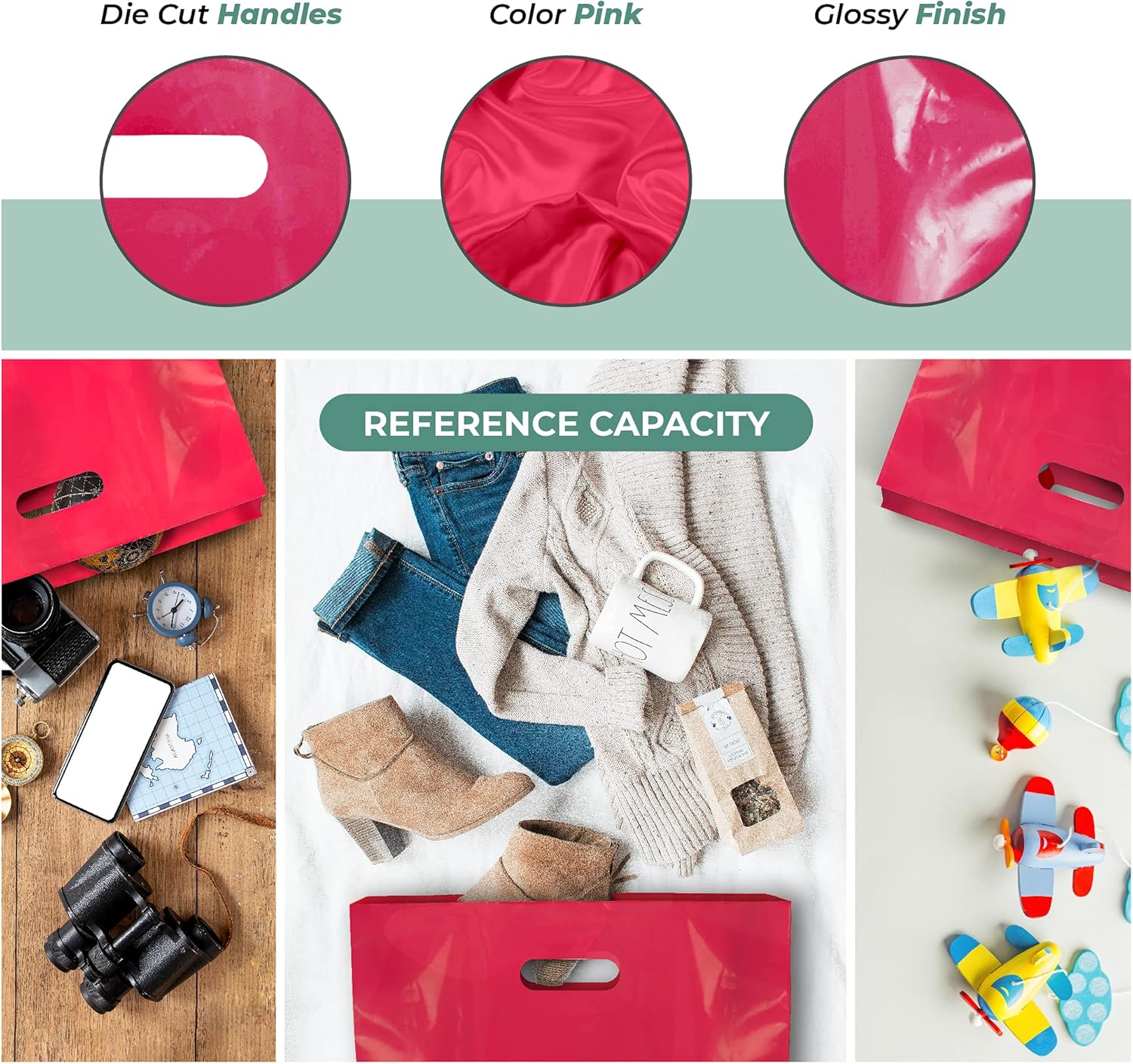 Red Merchandise Plastic Shopping Bag - 100 Pack 15" x 18" 1.25 mil Thick Pink, 2 in Gusset | Die Cut Handles | Perfect for Shopping, Party Favors, Birthdays, Parties | Color Red | 100% Recyclable