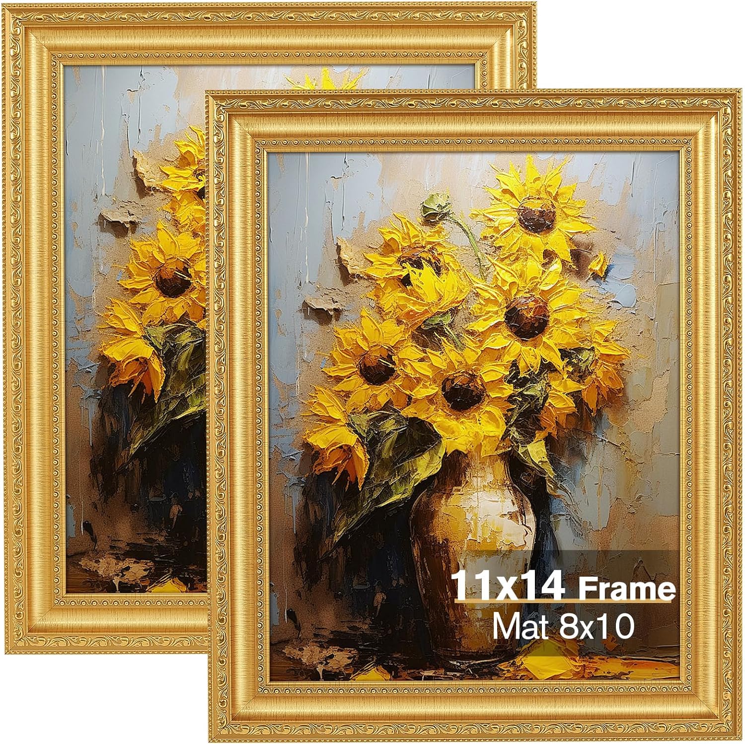 11x14 Gold Picture Frame Set of 2, Ornate Vintage 11x 14 Photo Frame for Wall Decor or Tabletop Display, 11 x 14 Gold Frames with Real Glass, Display 8x10 Pictures with Mat or 11x14 without Mat for Antique Déco