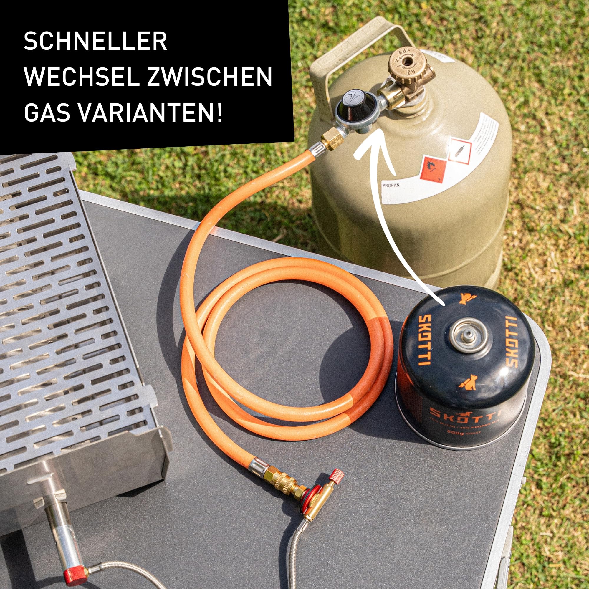 SKOTTI Prop, EN 417 Gaskartuschen kompatibel, Gasflaschenanschlussset für SKOTTI Grill und Campingkocher, für große Gasflasche 5kg und 11kg, ideal für Camping & Outdoorkocher, 150cm länge
