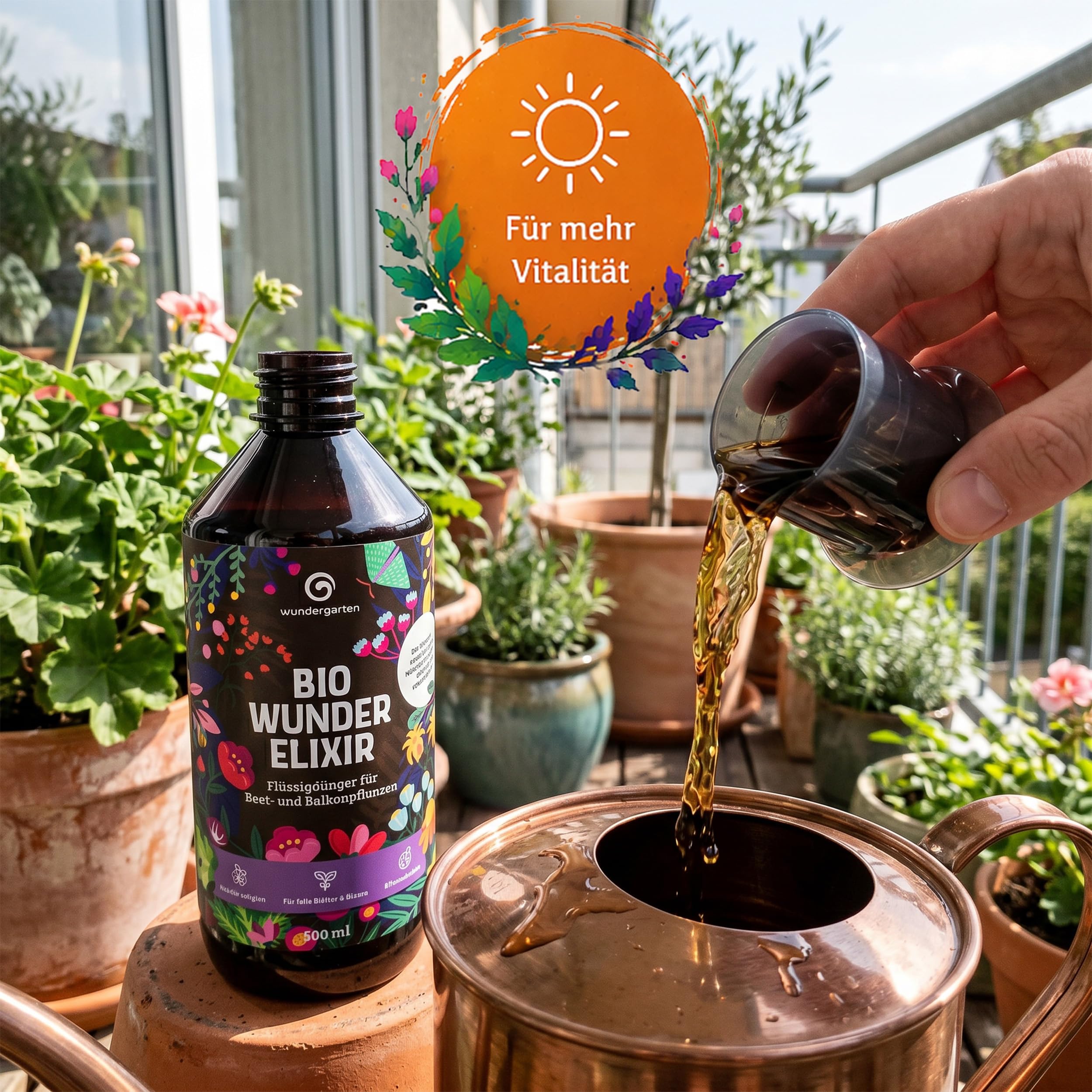 12x 500ml Bio Flüssigdünger Beet & Balkon – Wundergarten Wunderelixier – Mit Pflanzenkohle – Organischer Dünger für Blumen, Gemüse & Balkonpflanzen – Fördert Wachstum & Blüten