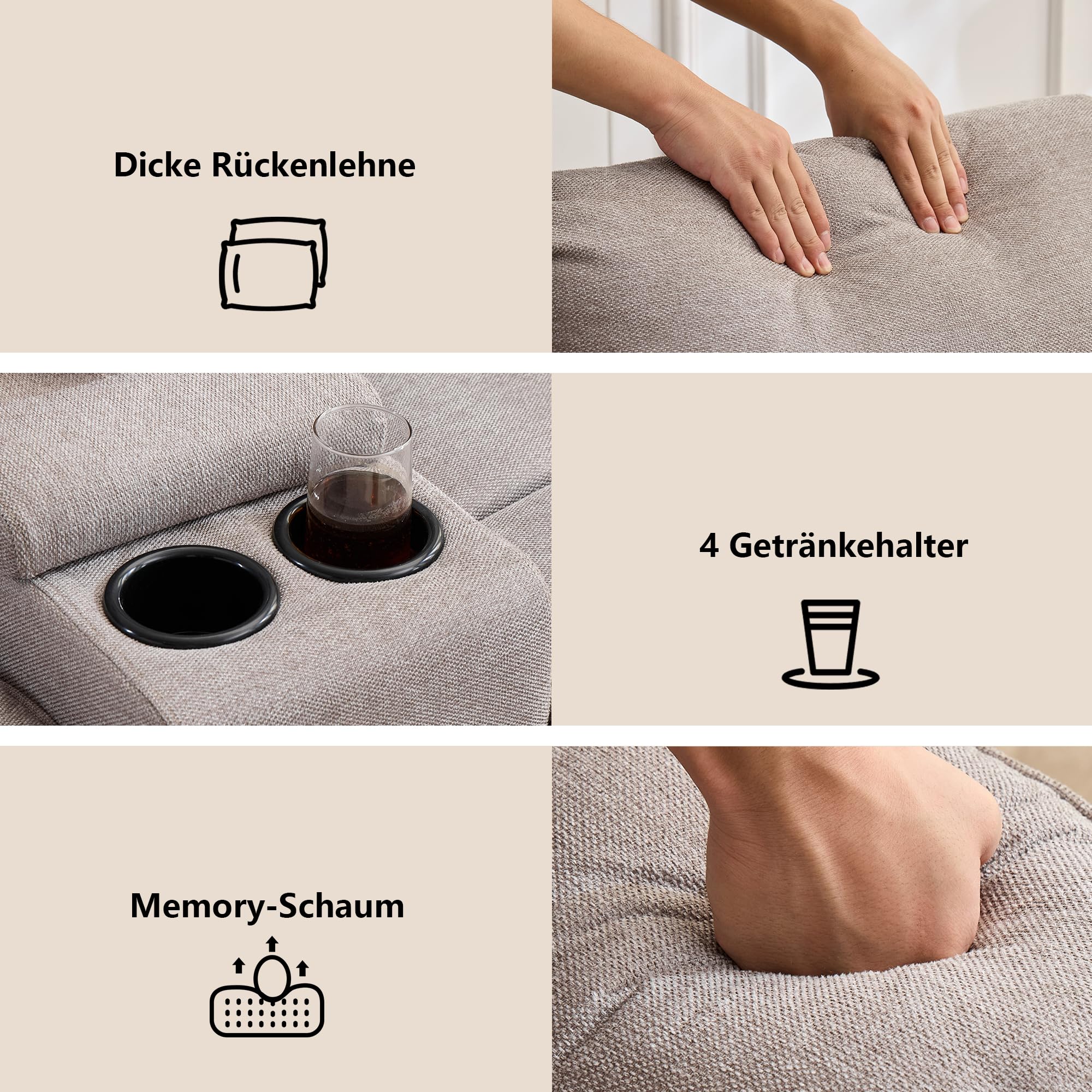 2er Kinosessel Relaxsessel mit Liegefunktion, 2 Sitzer Fernsehsessel TV Sessel mit Konsole, 4 Getränkehalter Cupholder, zweisitzer Sofa für Wohnzimmer (Hellgrau)