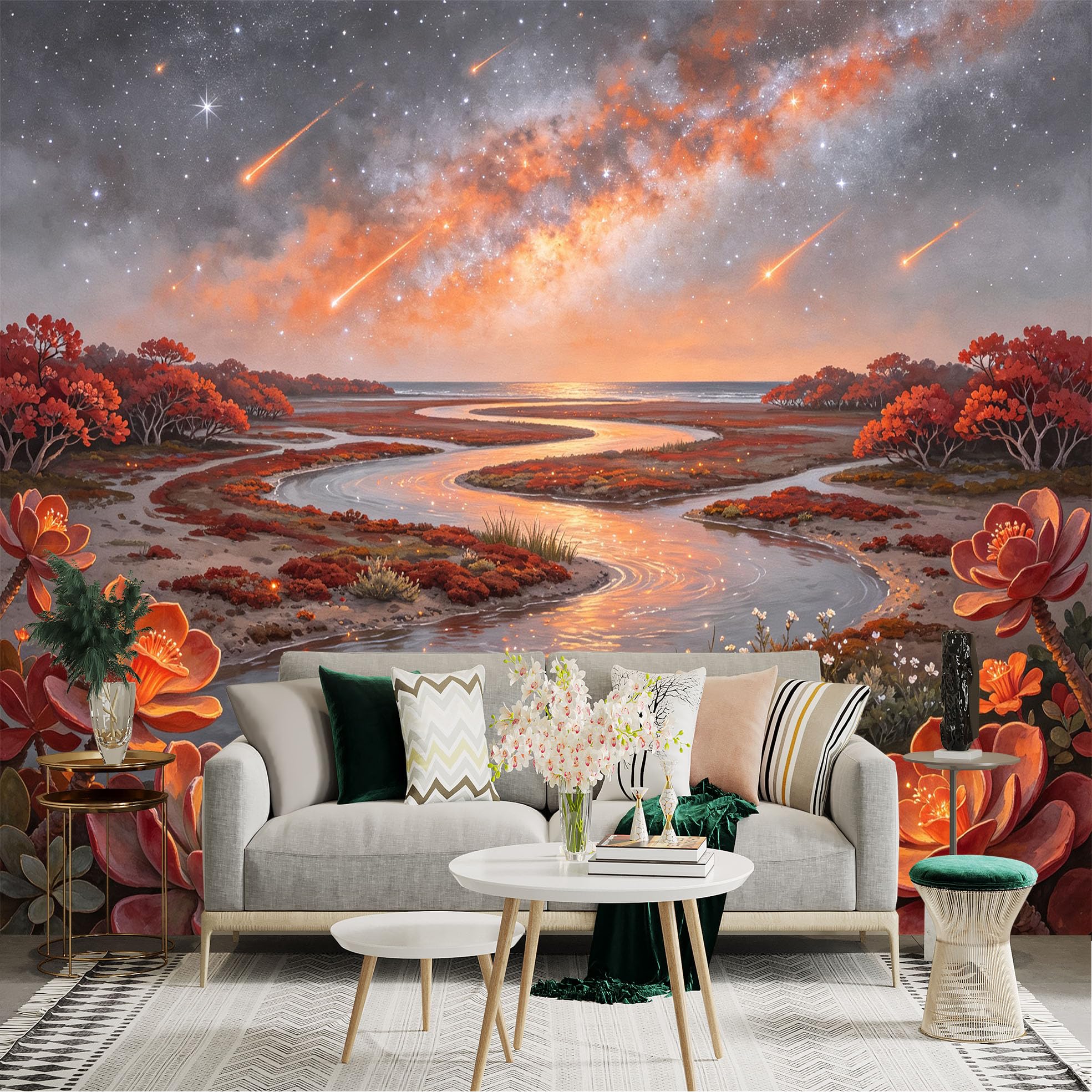 Lnzczhyre Bh260719246 Custom Size Wall Sticker Mural， Dreamy River Landscape With Glowing Succulents And Shooting Stars， For Wall Decoration， Peelandstick Wall Decals.