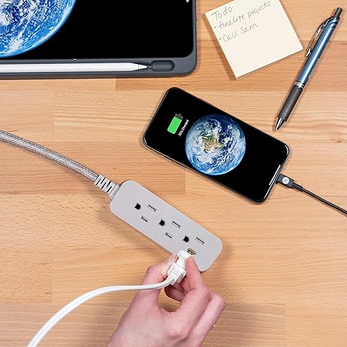 Miniatura 6 de GE Pro - Regleta de alimentación de 3 tomas con protección contra sobretensiones, cable de extensión trenzado de diseño de 8 pies, conexión a