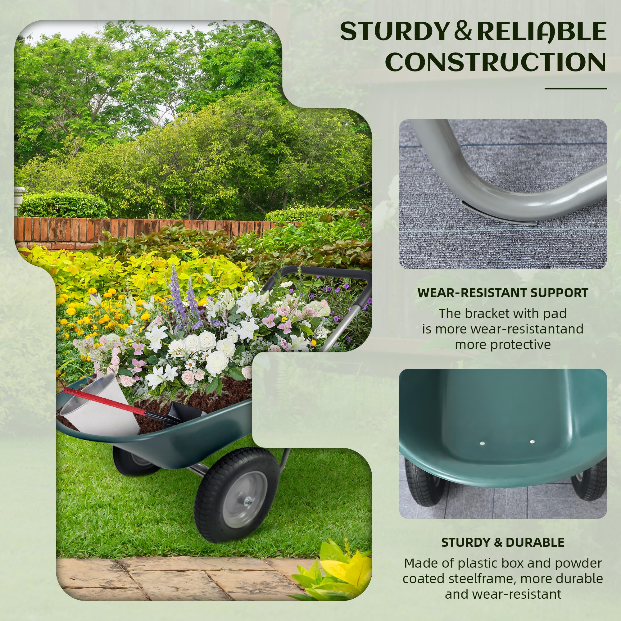 Elevon Chariot de Jardin Robuste pour Usage Domestique, Chariot à Double Roue pour la Maison, Le Jardin, la Cour, avec Support intégré, Couleur Verte