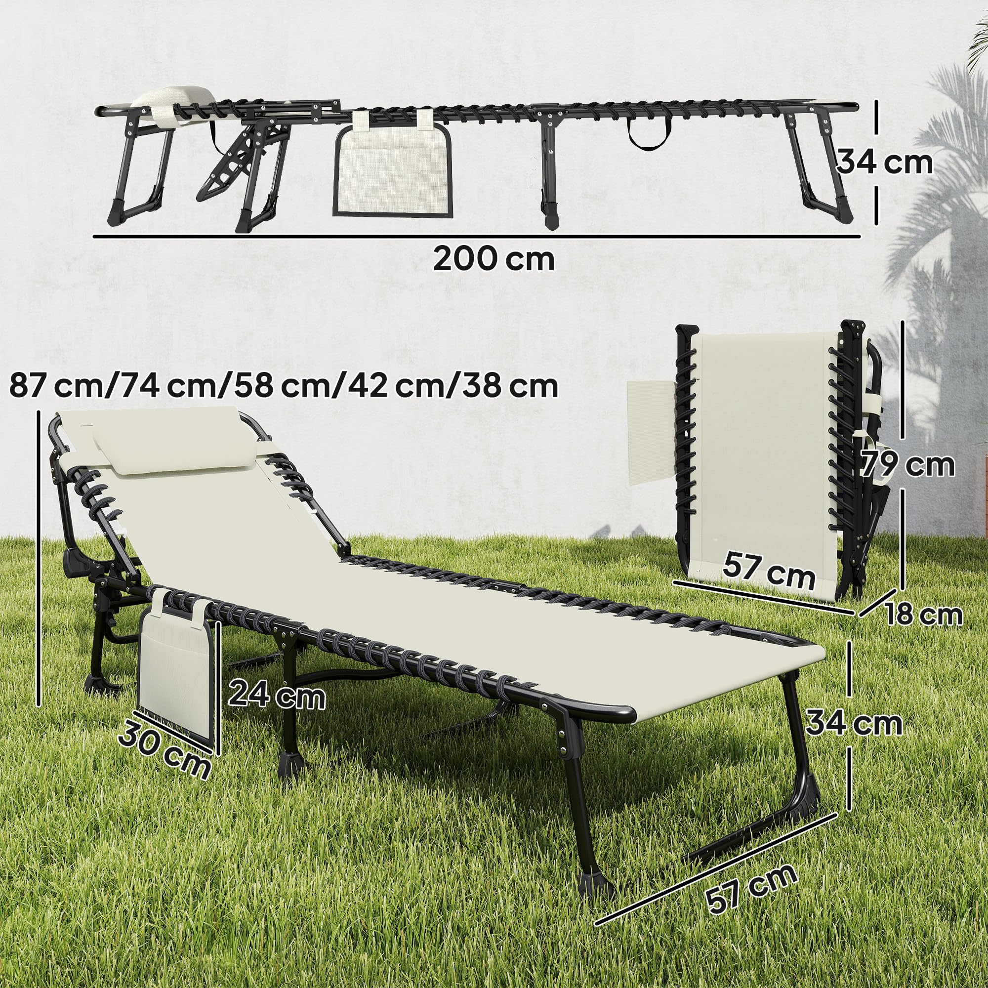 Outsunny Set de 2 Tumbonas Jardín Exterior, Tumbonas Plegables con Reposacabezas y Bolsillo Lateral, Respaldo Reclinable 5 Posiciones y Asiento de Malla Transpirable para Playa, Piscina, Blanco Crema