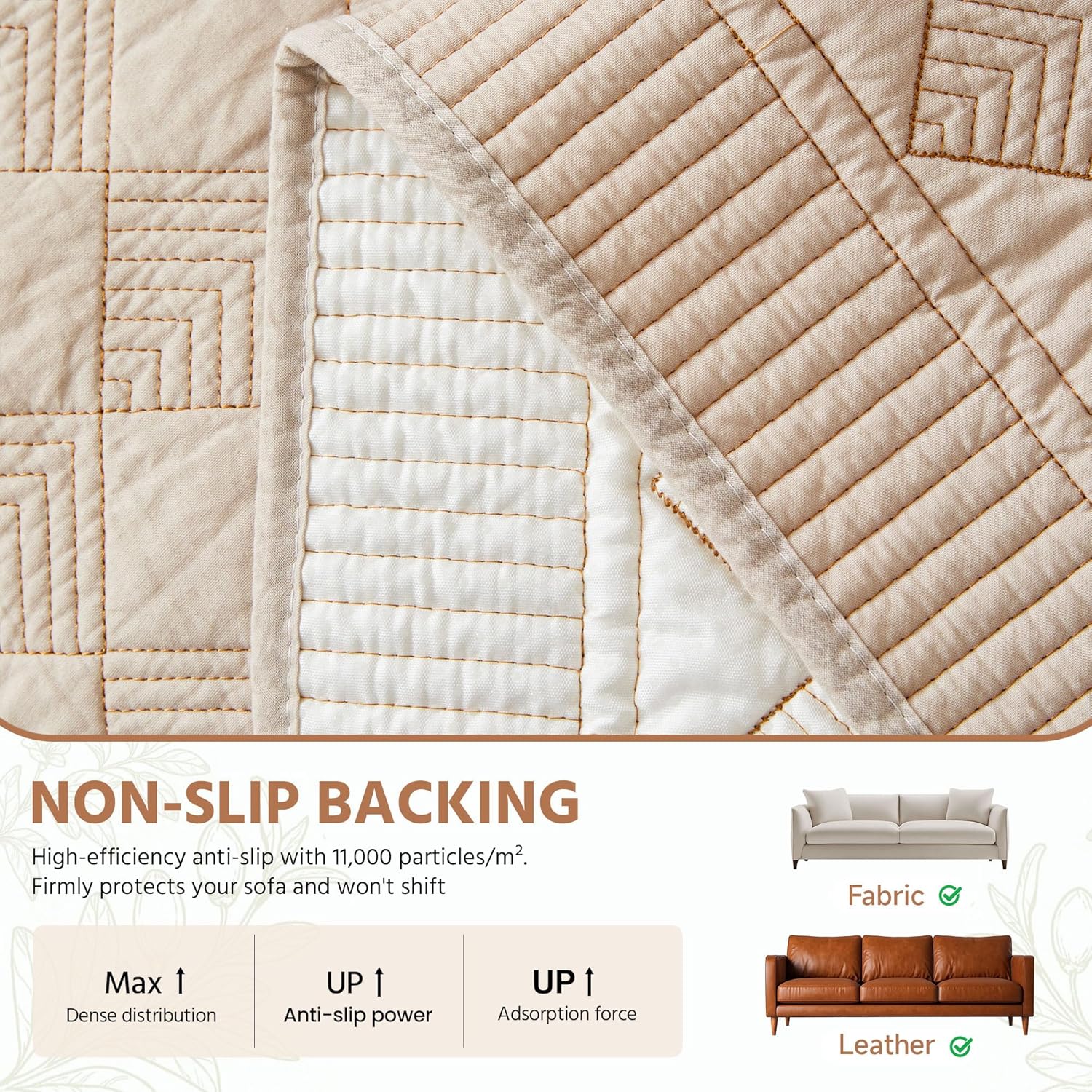 OTOB Cotton Quilted Couch Covers for 3 Cushion Couch Sofa, Washable Sofa Slipcovers Furniture Protector, All Season Non Slip Modern Geometric Pattern Soft Pet Couch Cover, 1 Piece (Khaki, 27.6"x82.7")