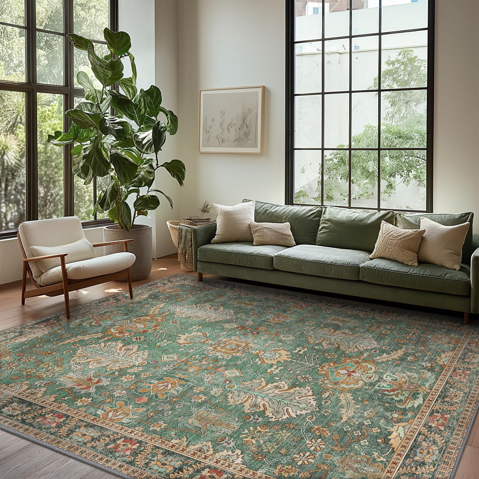 Bavni Living Room Rug, Modern Area Rugs 5x7 Non-Slip Washable, Chenille Printed Vintage Rugs for Bedroom Dinning Room Office, Sage/Gold