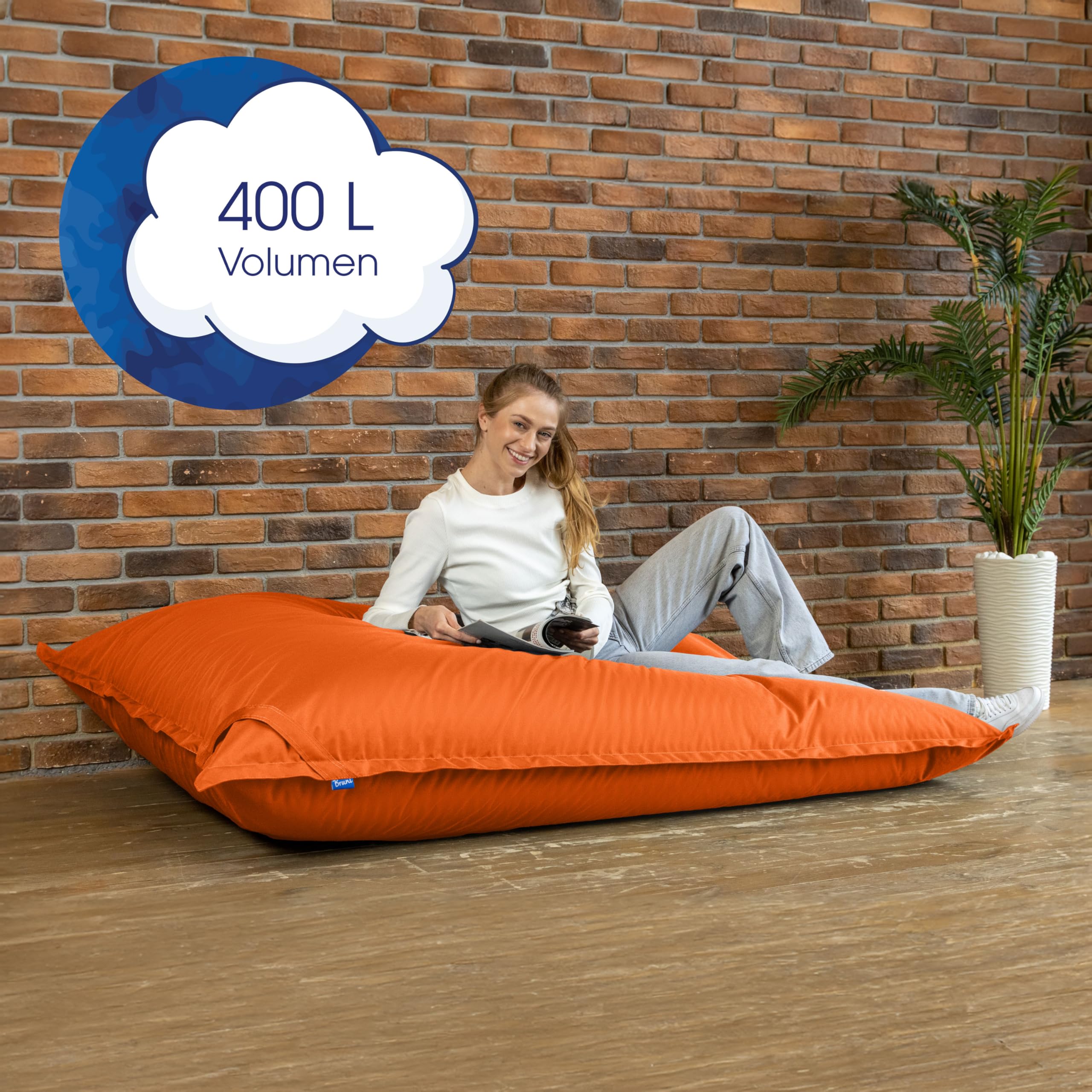 Bruni Pouf géant Caree orange – Pouf rectangulaire XXL, 140 x 180 cm et rembourrage de 400 l, avec housse intérieure, sac de couchage amovible, pour l'intérieur et l'extérieur, fabriqué en Allemagne