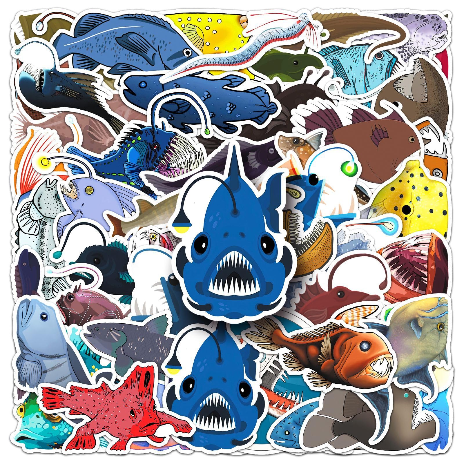 50 Pcs Deep Sea Fish Stickers Pack, Creative Cartoon Ocean Animal Vinyl Decal Set for Kids and Teens, Waterproof Stickers for Laptop, Scrapbook, Phone Case, Water Bottle, Notebook, Suitcase, Skateboar