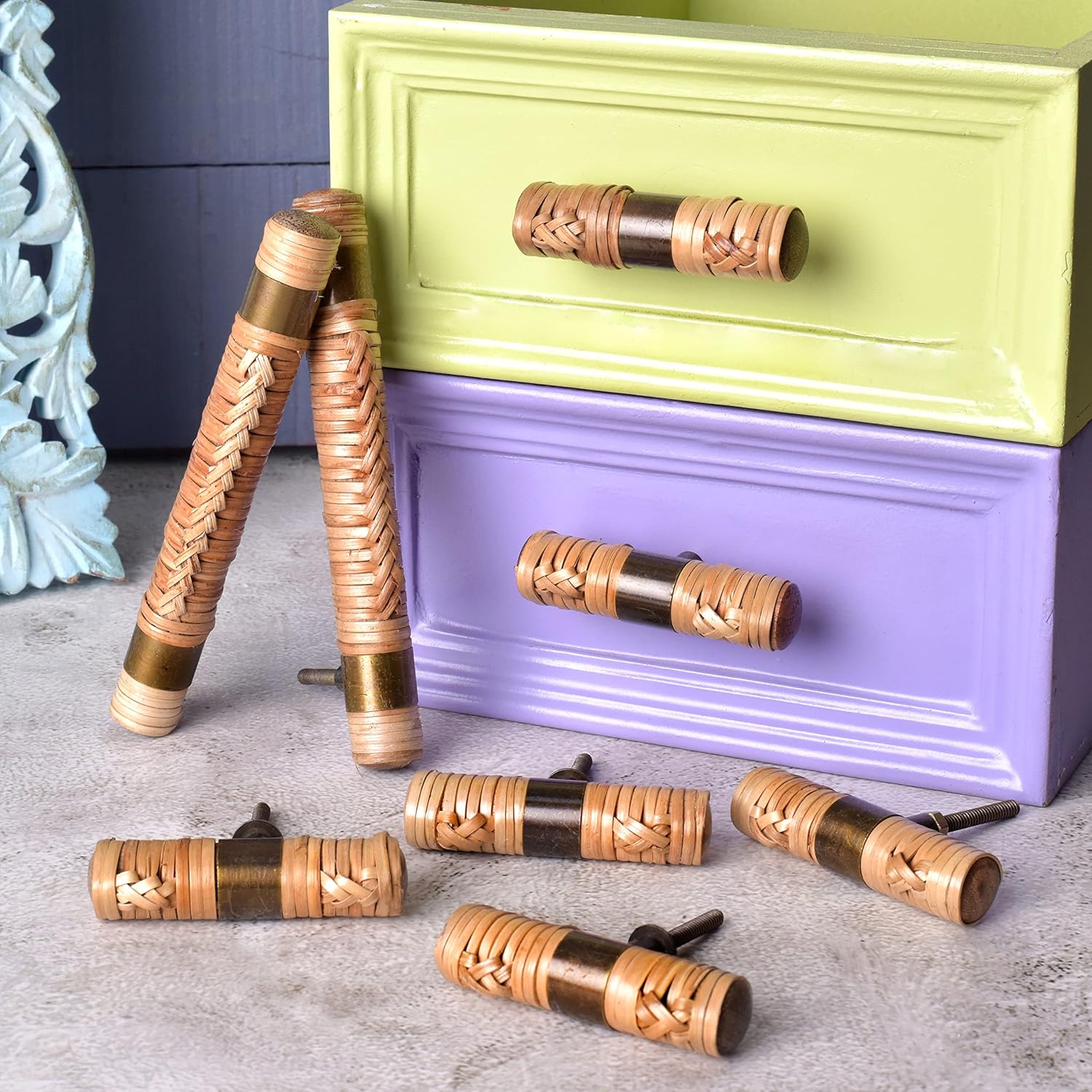 6 Natural Rattan Knobs and 2 Rattan Door Pulls Boho Knobs