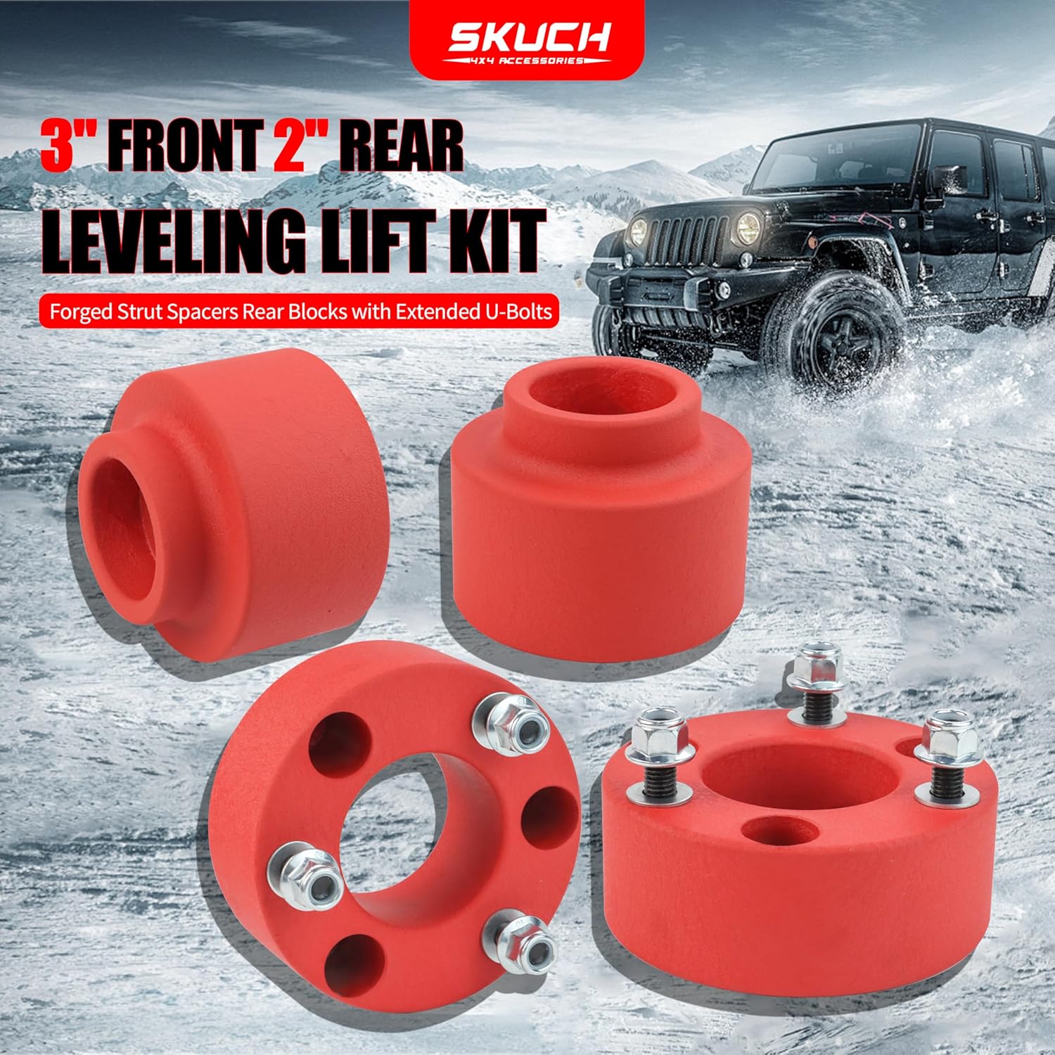 Leveling Lift Kit for 2009-2024 Ram 1500 4WD, 3'' Front Struct Spacers + 2'' Rear Leveling Lift Blocks Kit with Extended Square U-Bolts, Wrinkle Red