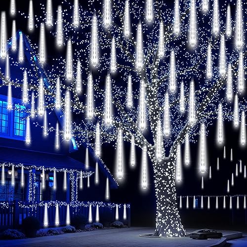 JOYIN Luces de Navidad para exteriores, 8 tubos de luces de lluvia de meteoritos blancas, 192 LED, luz de lluvia en cascada de carámbano de nieve