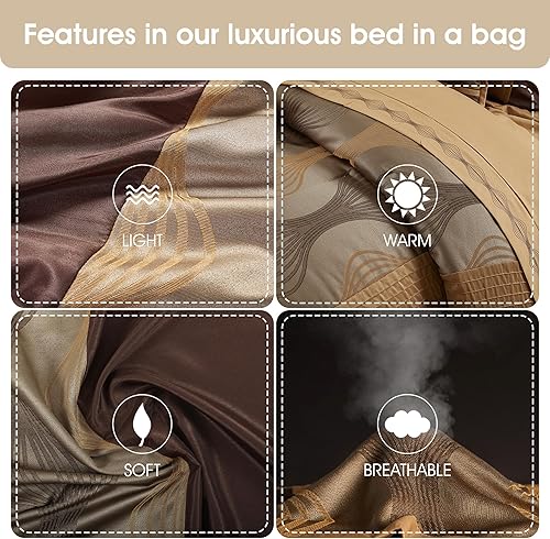 Miniatura 6 de Grand Avenue - Juego de edredón marrón tamaño california king, 7 piezas en una bolsa, juego de cama de jacquard a rayas para todas las estaciones,