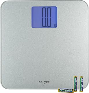 Salter 9075 SVGL3R Digitale Personenwaagen - Premium Max Körpewaage Mit Step-On-Technik, Max Tragkraft 250kg, LCD-Anzeige, Schlanke Plattform Aus Gehärtetem Glas, Batterien Enthalten, Silber Glitzer
