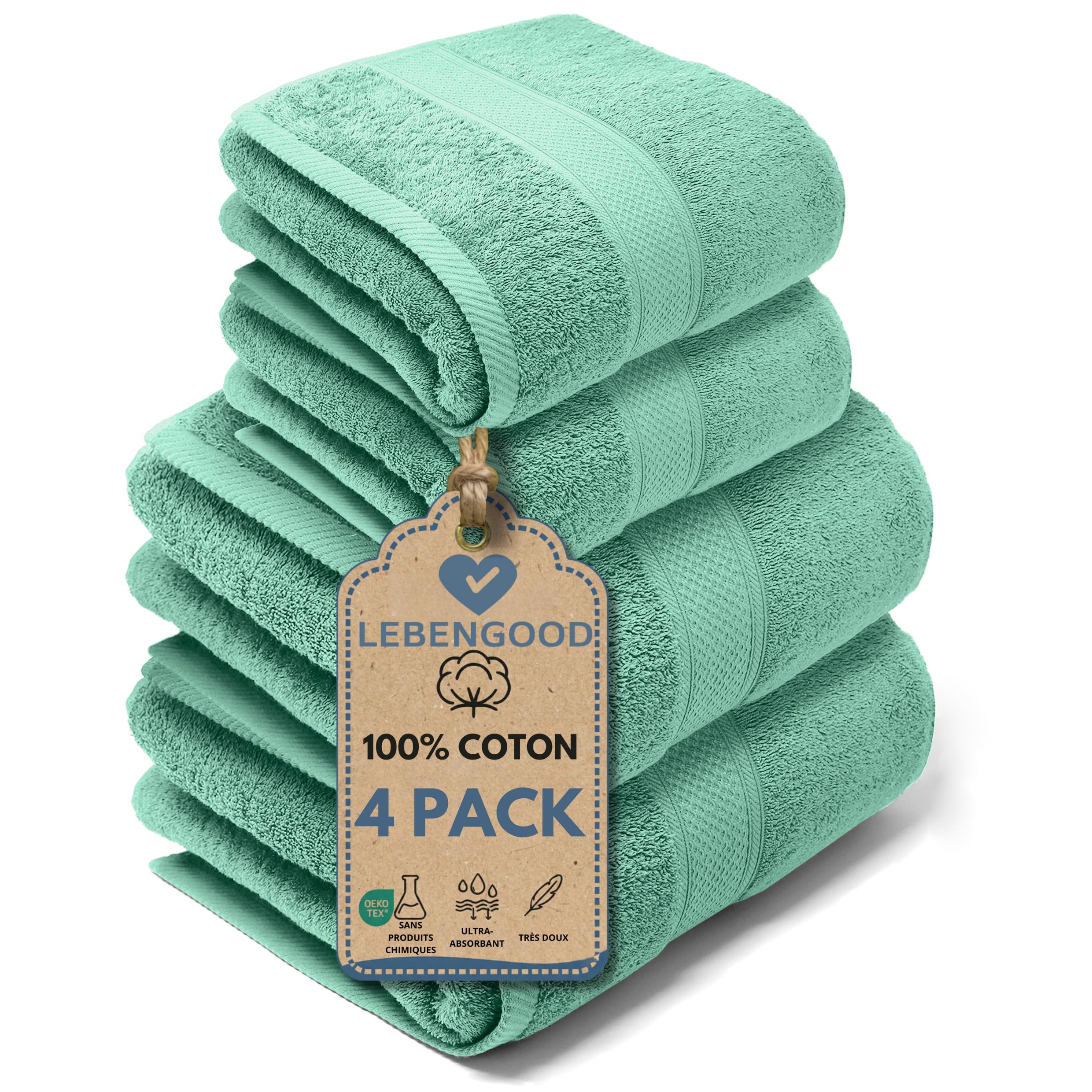 LEBENGOOD Set 4 Serviette de Bain 100% Coton 2 Toilette 2 Douche Oeko