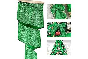 HUIHUANG 2.5 inch Green Wired Christmas Ribbon with Sparkling Metallic Glitter