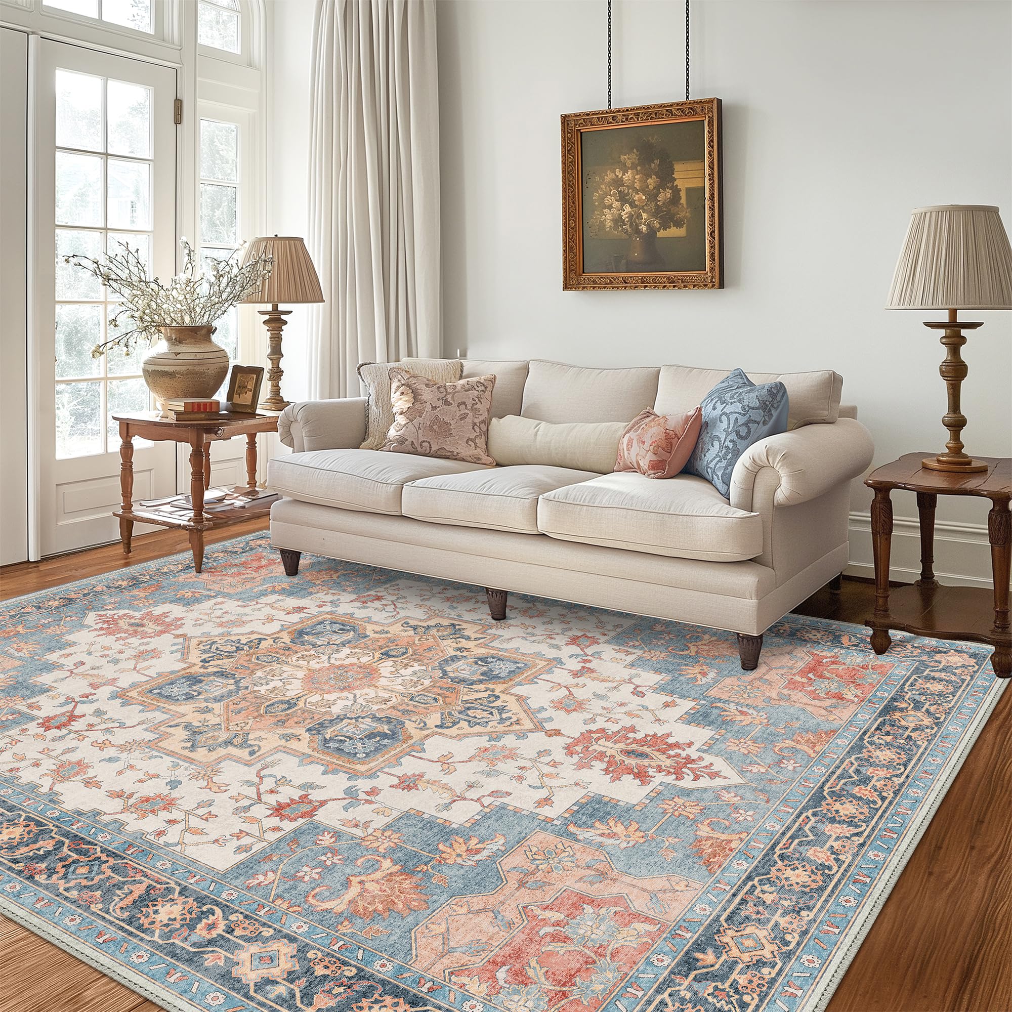 GENIMO Rugs Living Room Large 160x230cm, Vintage Boho Area Rugs Machine Washable, Non-Slip Carpet, Low Pile, Non-Shedding, Oriental Printed Design, Dining Room, Home, Office, Bedroom,Coral Blue