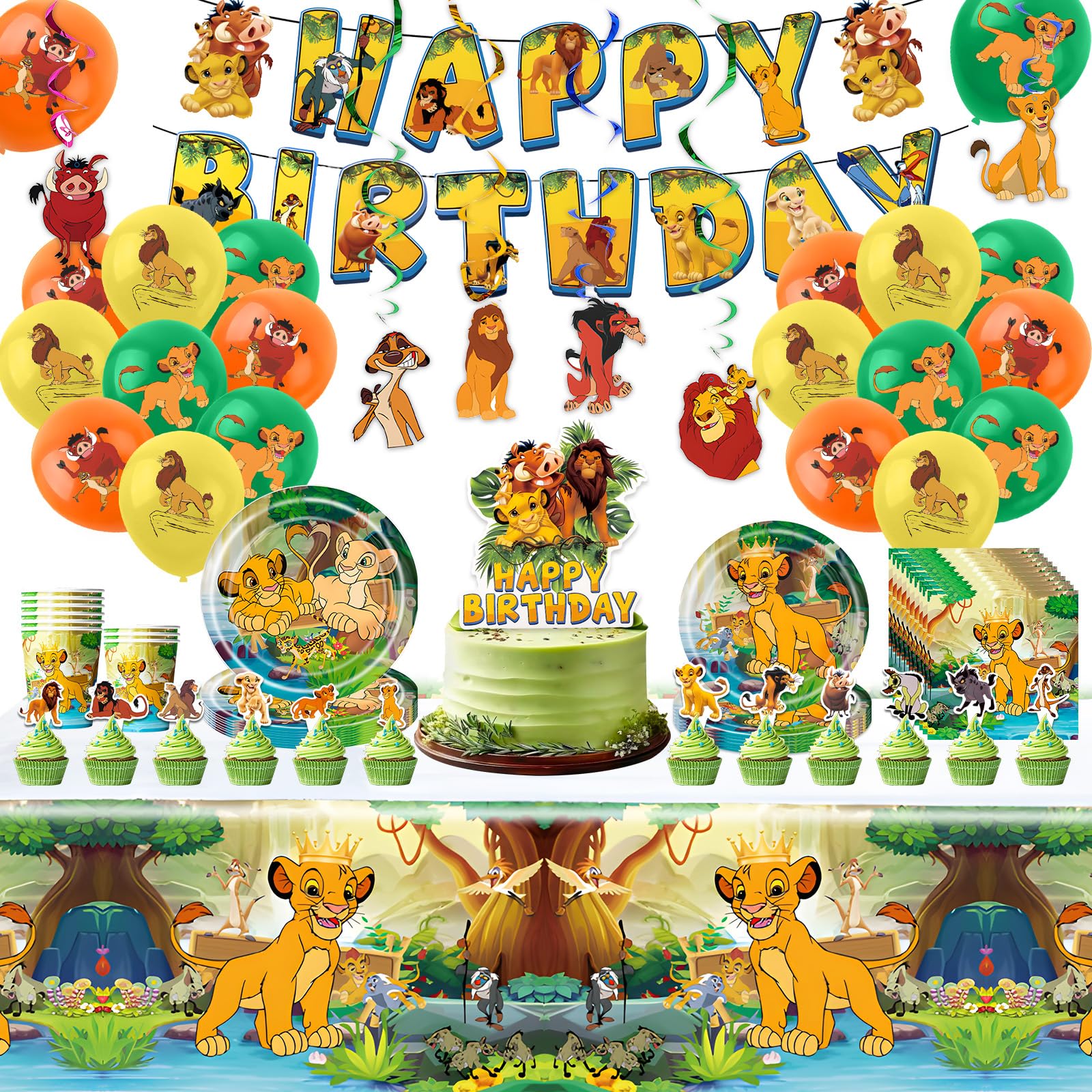 89 PCS Lion King Birthday Decorations, Party Decorations Party Supplies Paper Plates Cups Napkins Tablecloth , Tableware Set for 10 Guests
