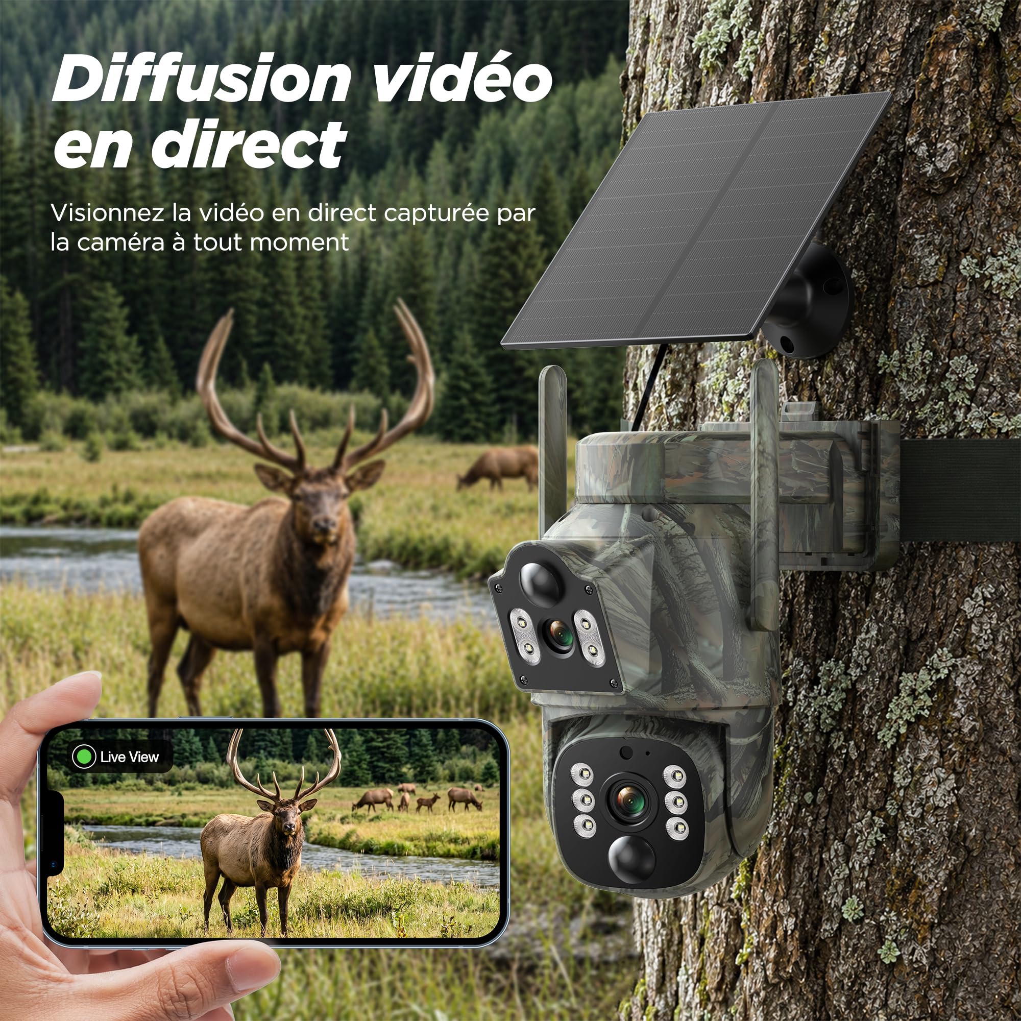 VOOPEAK Caméra de sécurité cellulaire 4G LTE, Double Objectif PTZ 360° avec Suivi Automatique, caméra Solaire sans Fil pour extérieur avec Carte SIM, Vision Nocturne Couleur 2K HD, étanchéité IP66